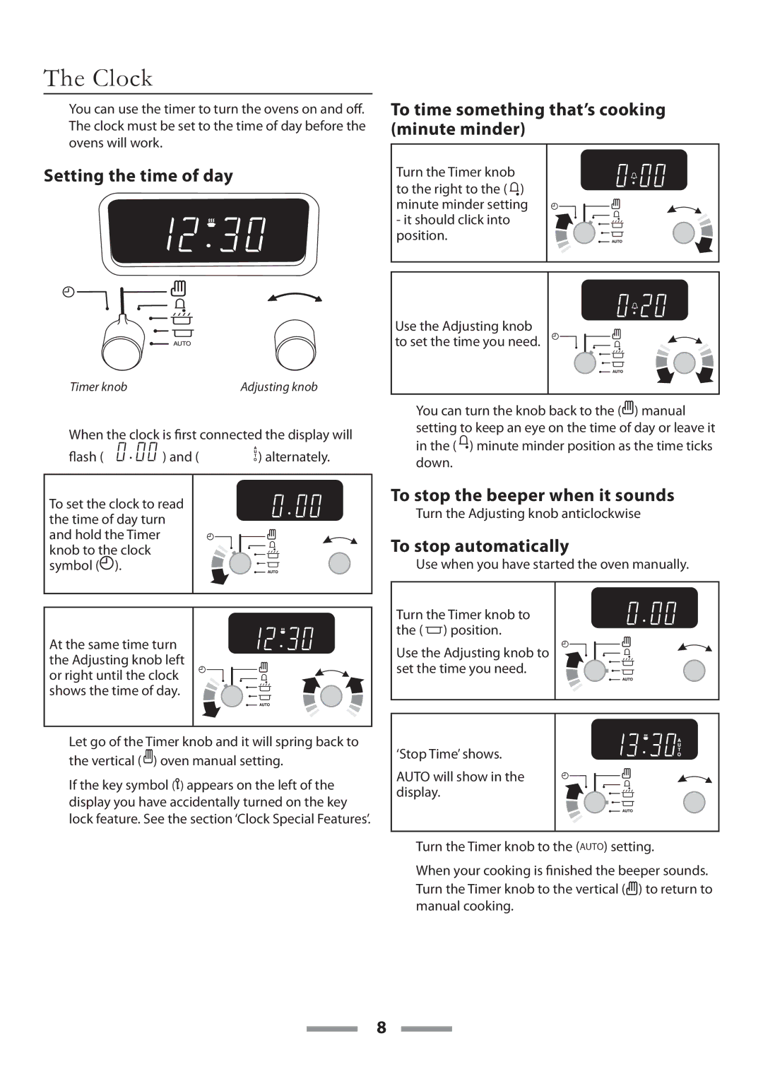 Rangemaster U109650-02 manual Clock, Setting the time of day, To time something that’s cooking minute minder 