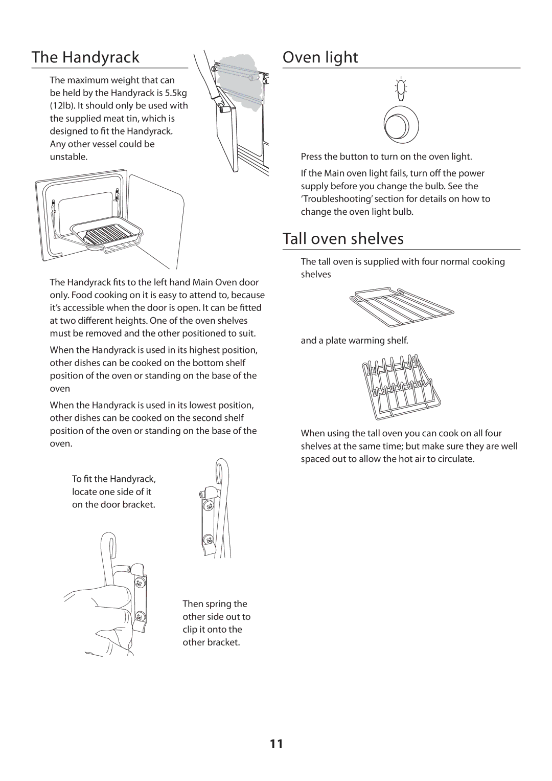Rangemaster U109720 - 01 manual Handyrack, Oven light, Tall oven shelves 