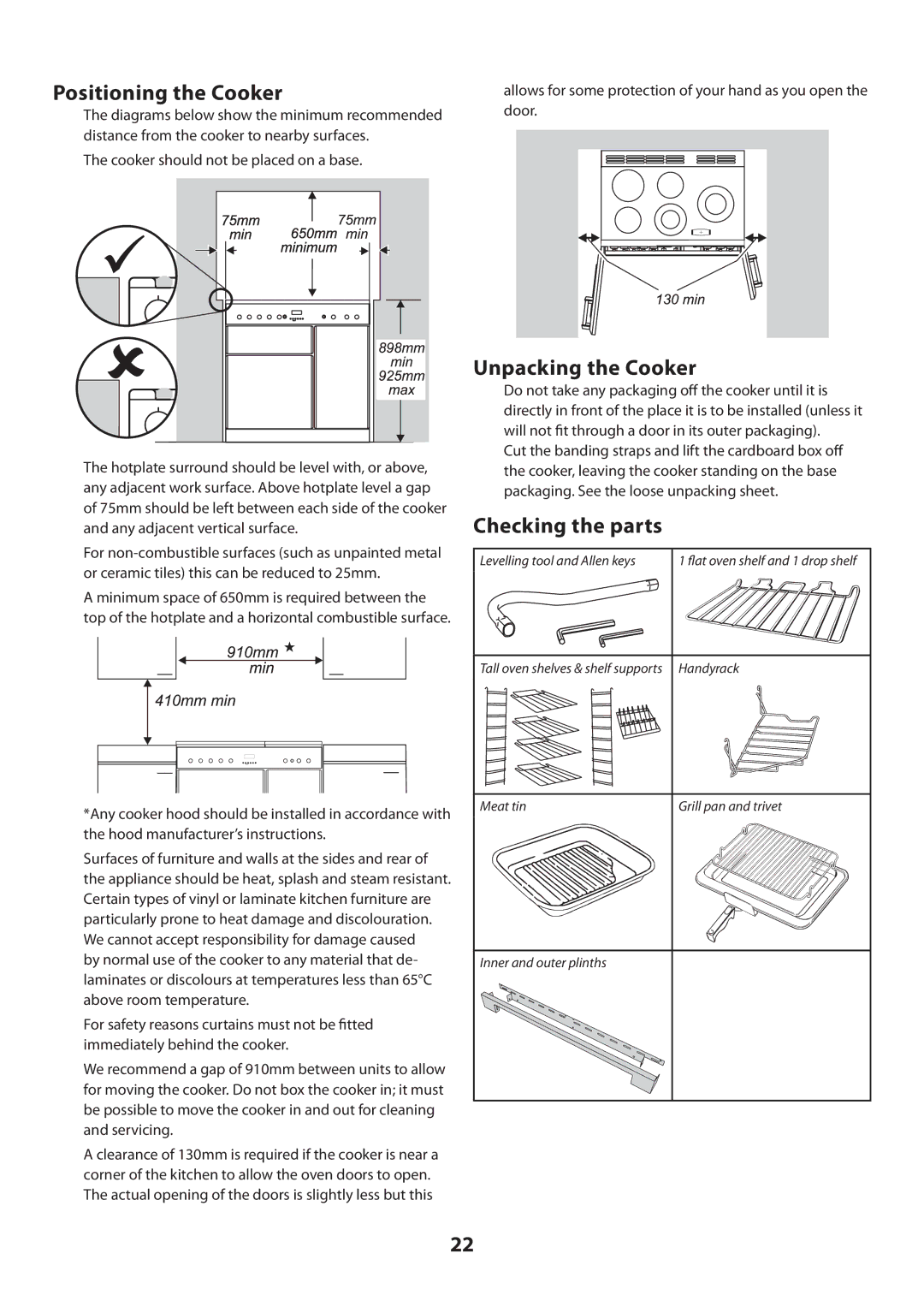 Rangemaster U109720 - 01 manual Positioning the Cooker, Unpacking the Cooker, Checking the parts 