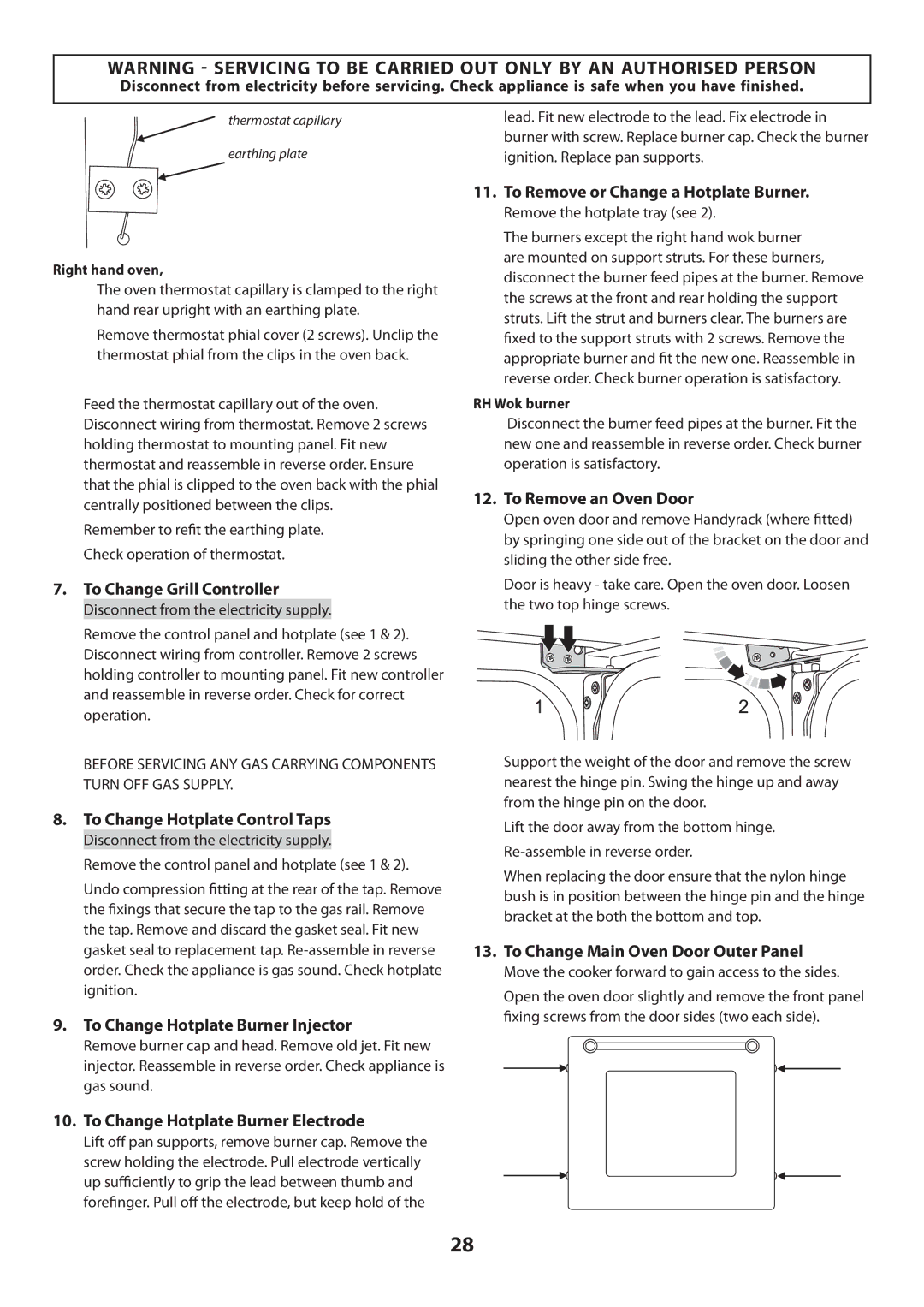 Rangemaster U109720 - 01 To Remove or Change a Hotplate Burner, To Change Hotplate Control Taps, To Remove an Oven Door 