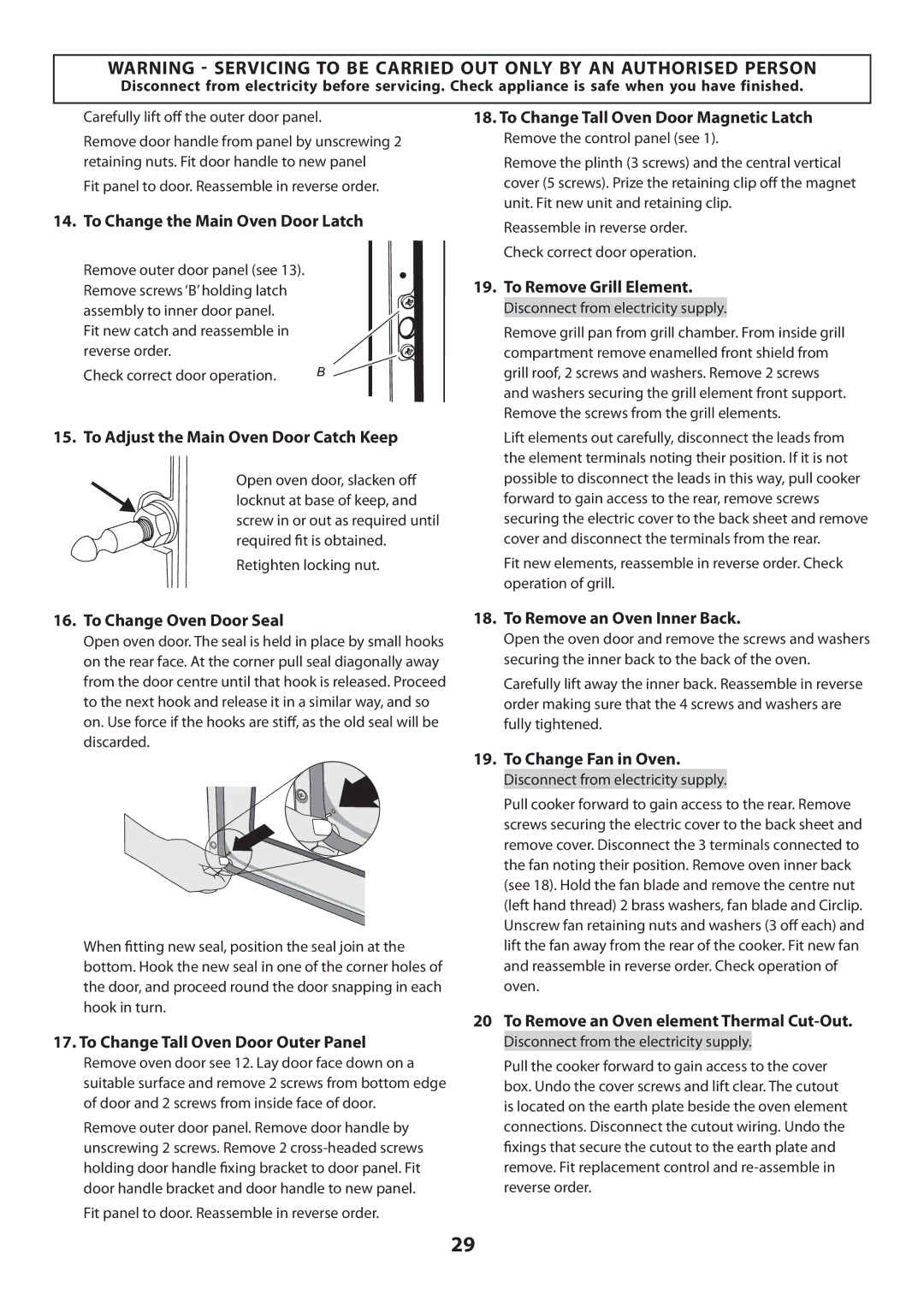 Rangemaster U109720 - 01 manual To Change the Main Oven Door Latch, To Adjust the Main Oven Door Catch Keep 