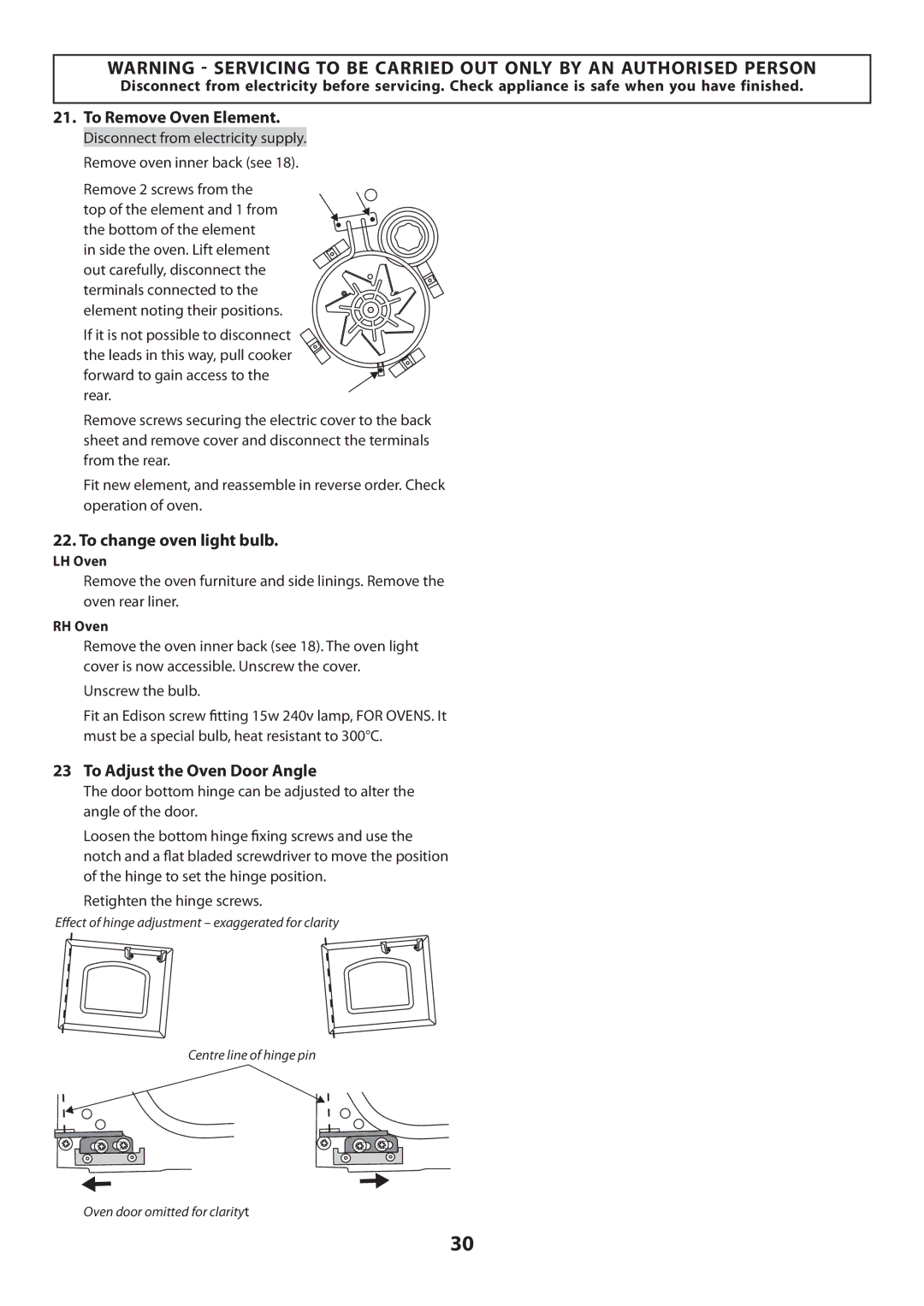 Rangemaster U109720 - 01 manual To Remove Oven Element, To change oven light bulb, To Adjust the Oven Door Angle 