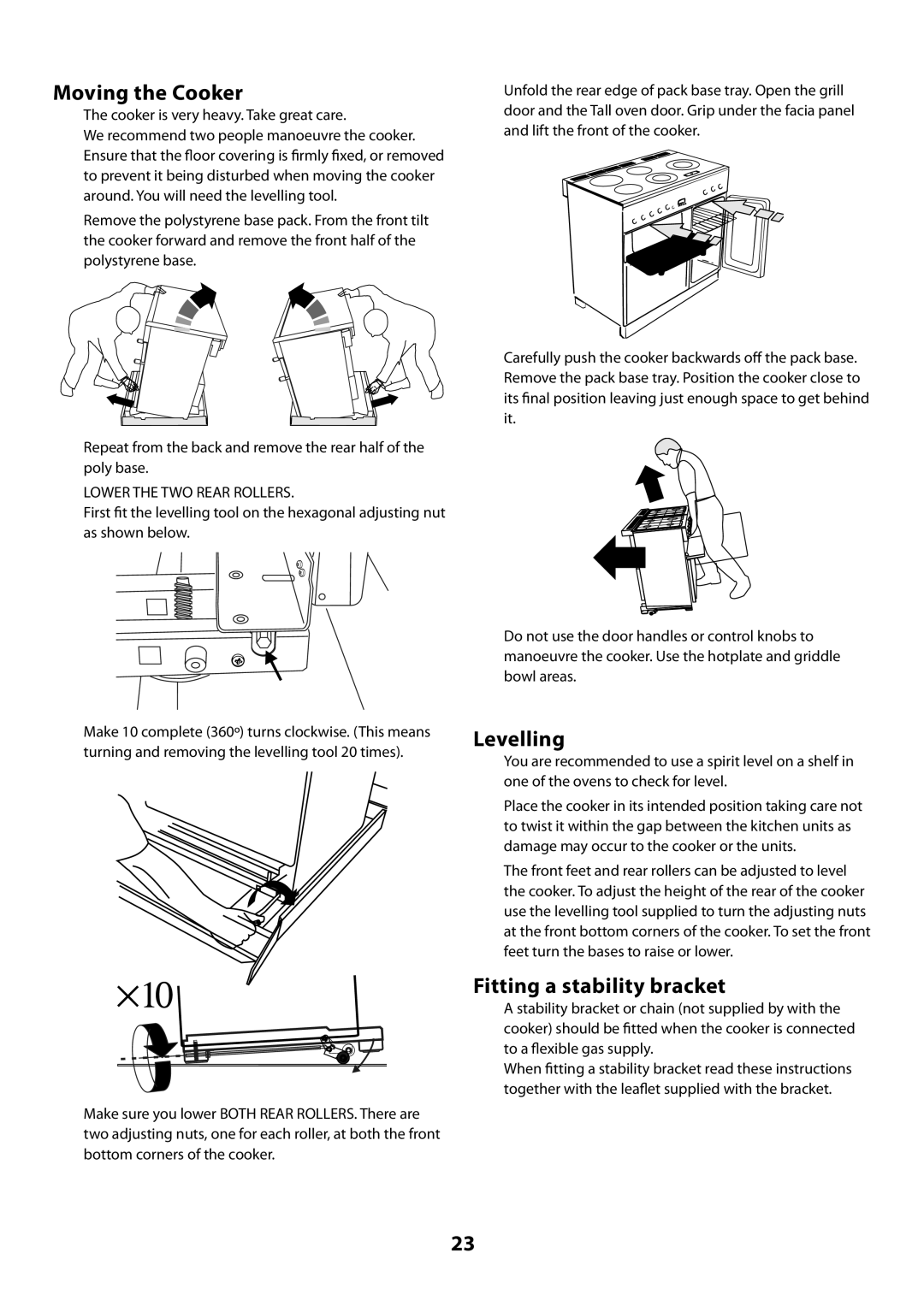 Rangemaster U109720 - 01 manual Moving the Cooker, Levelling, Fitting a stability bracket 