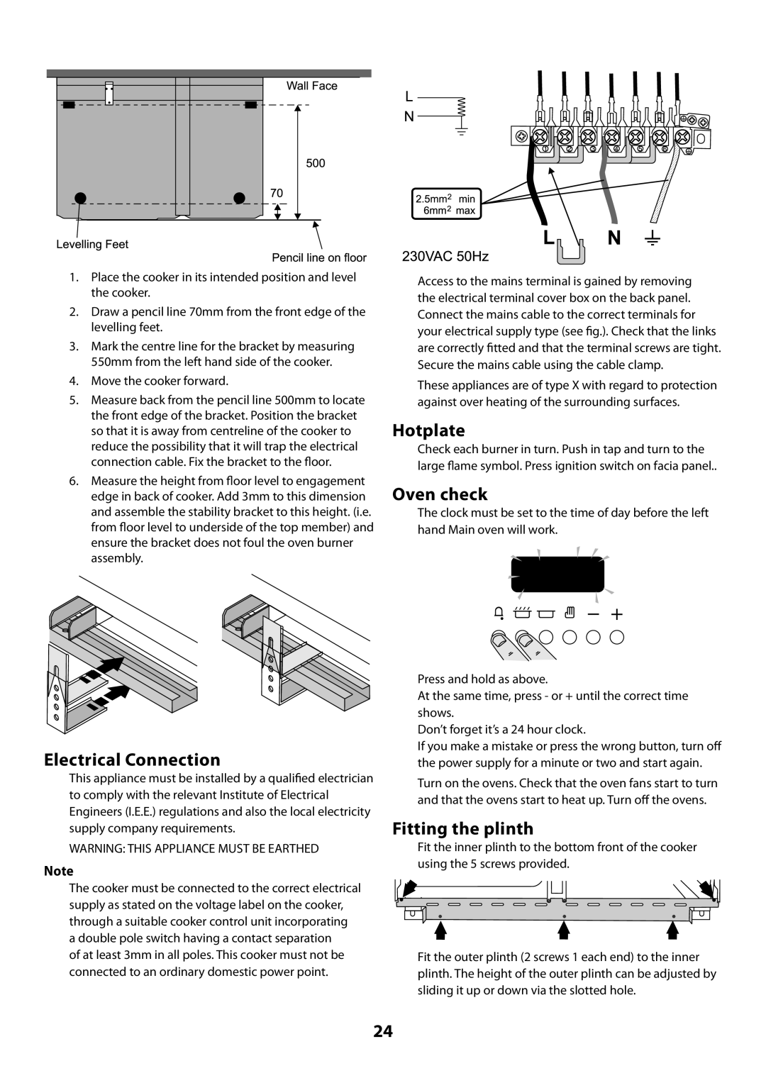 Rangemaster U109720 - 01 manual Electrical Connection, Hotplate, Oven check, Fitting the plinth 