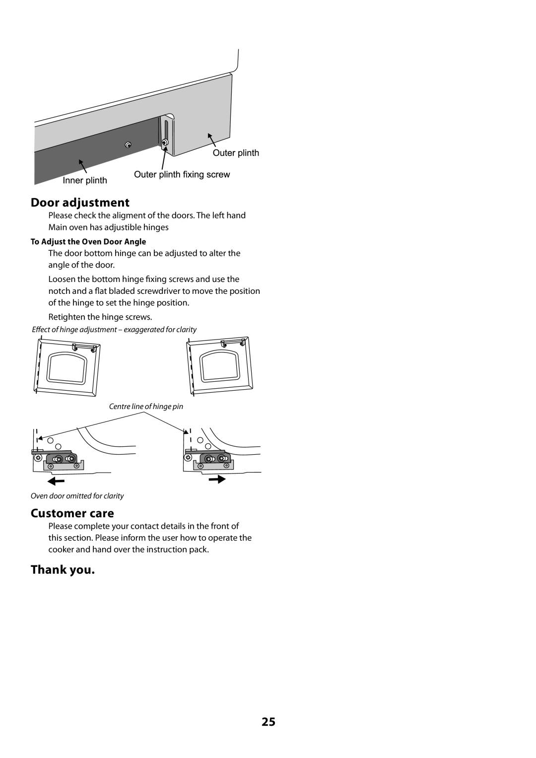 Rangemaster U109720 - 01 manual Door adjustment, Customer care, Thank you, To Adjust the Oven Door Angle 