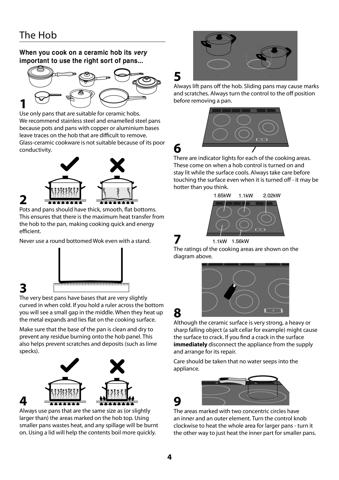 Rangemaster U109720 - 01 manual The Hob, When you cook on a ceramic hob its very, important to use the right sort of pans 
