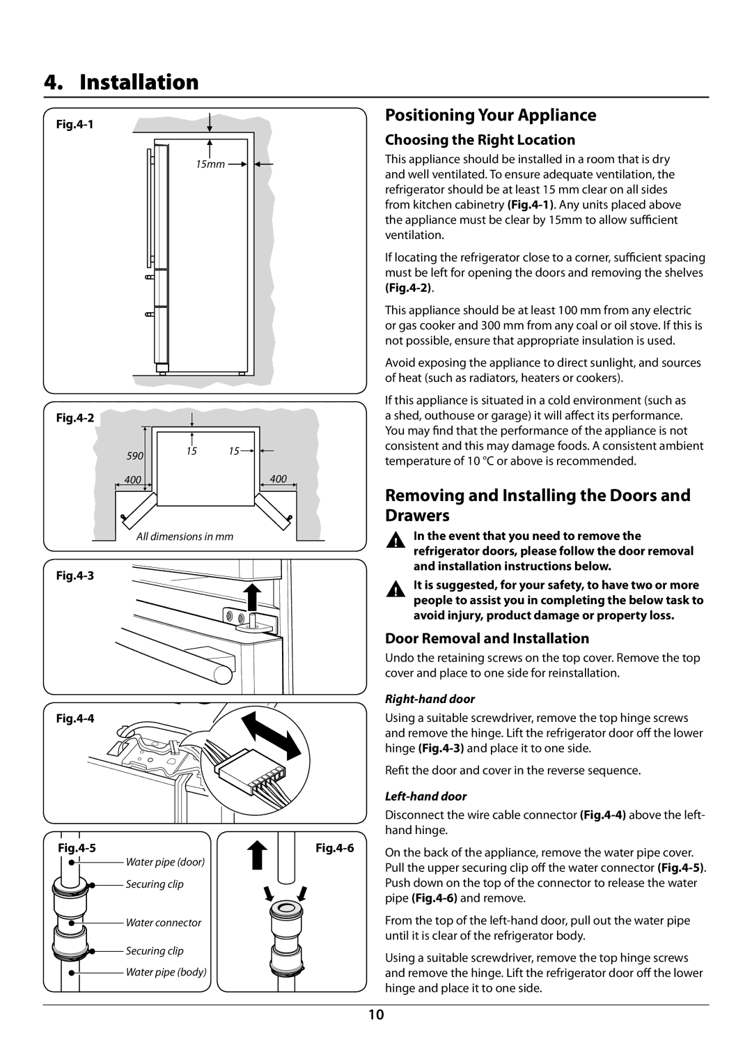 Rangemaster U109923 - 05 manual Installation, Positioning Your Appliance, Removing and Installing the Doors and Drawers 