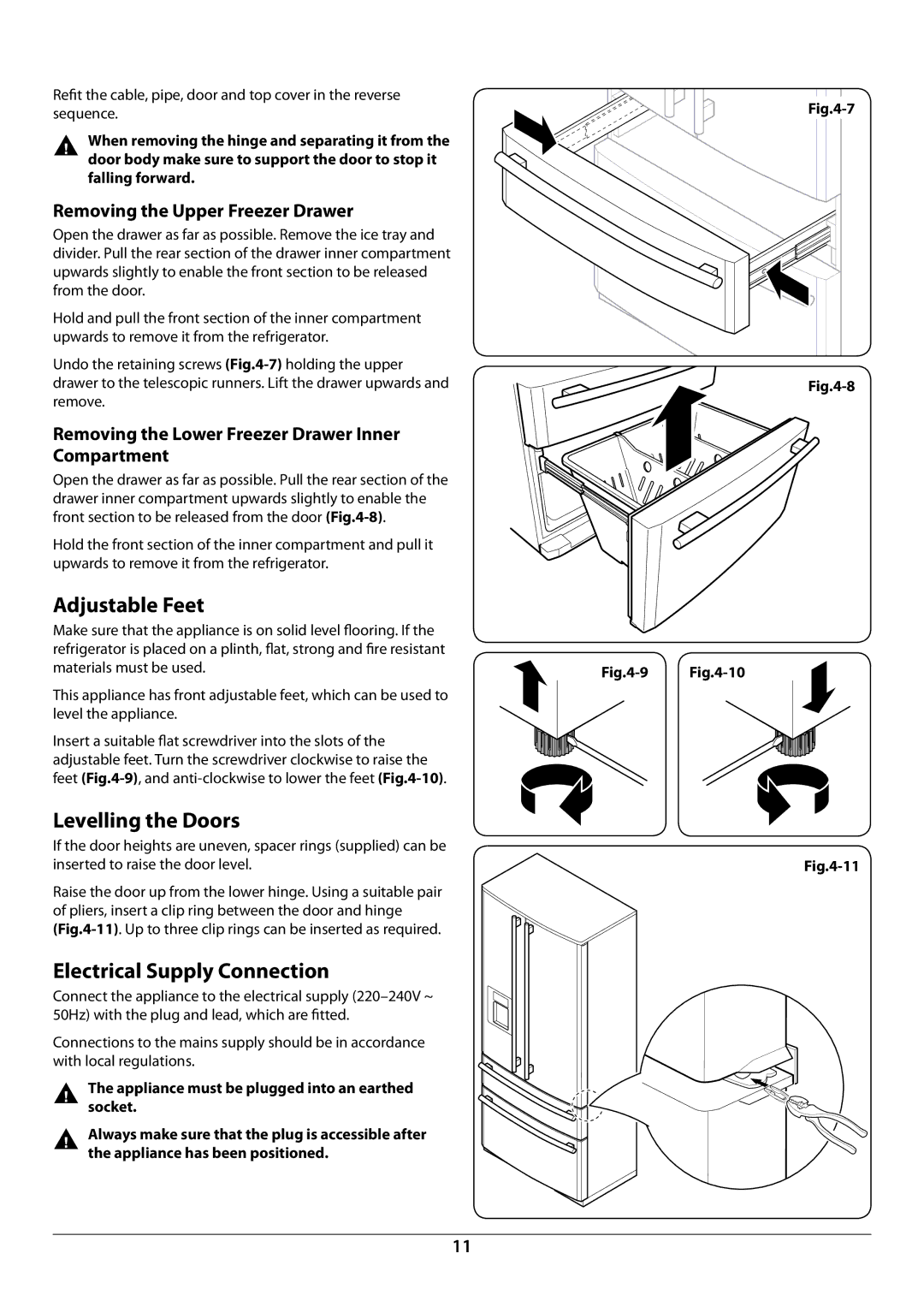 Rangemaster U109923 - 05 manual Adjustable Feet, Levelling the Doors, Electrical Supply Connection 