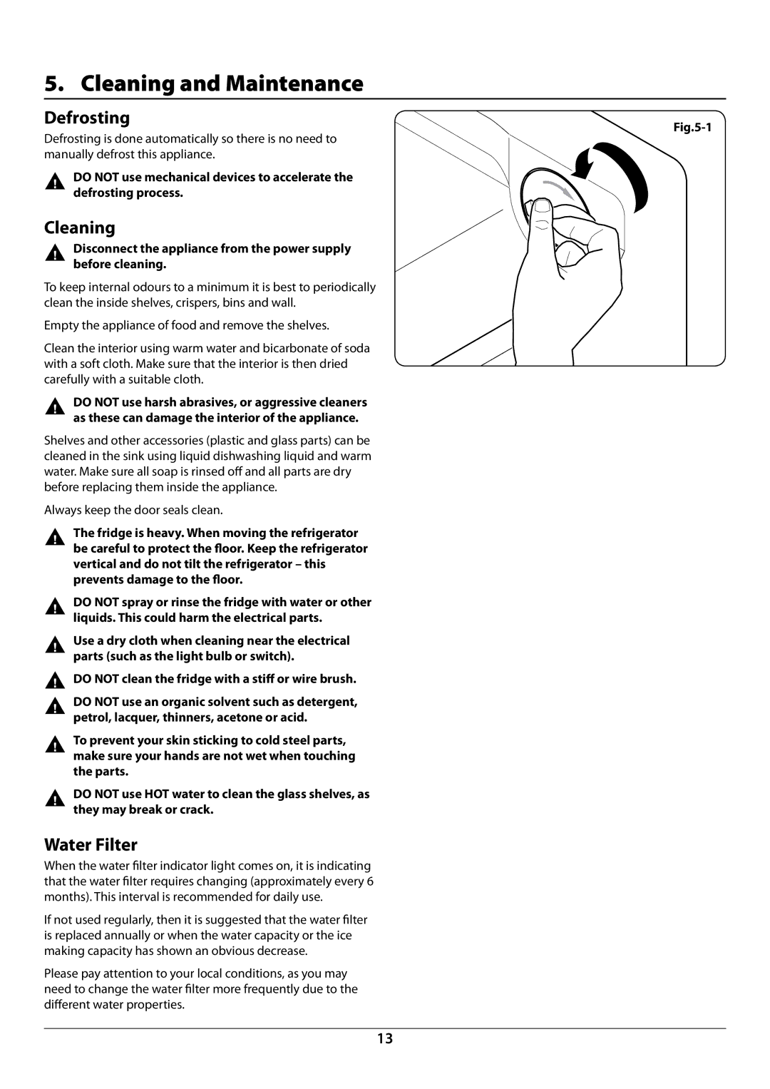 Rangemaster U109923 - 05 manual Cleaning and Maintenance, Defrosting, Water Filter 