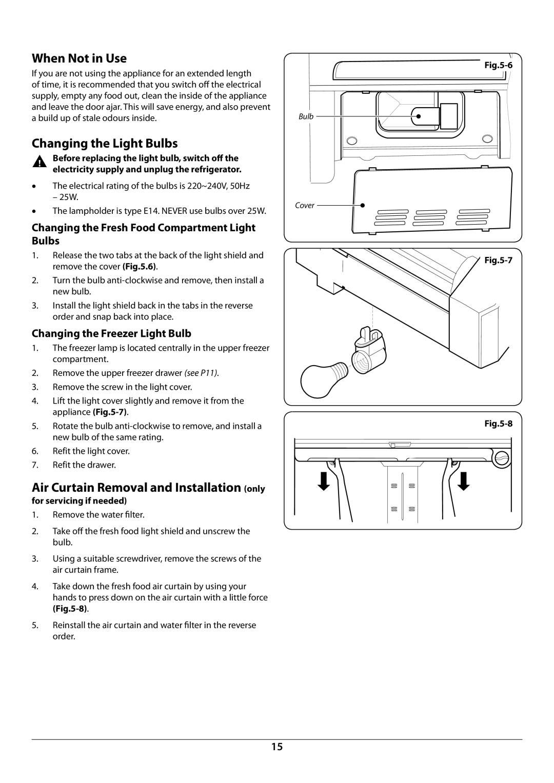 Rangemaster U109923 - 05 manual When Not in Use, Changing the Light Bulbs, Air Curtain Removal and Installation only 