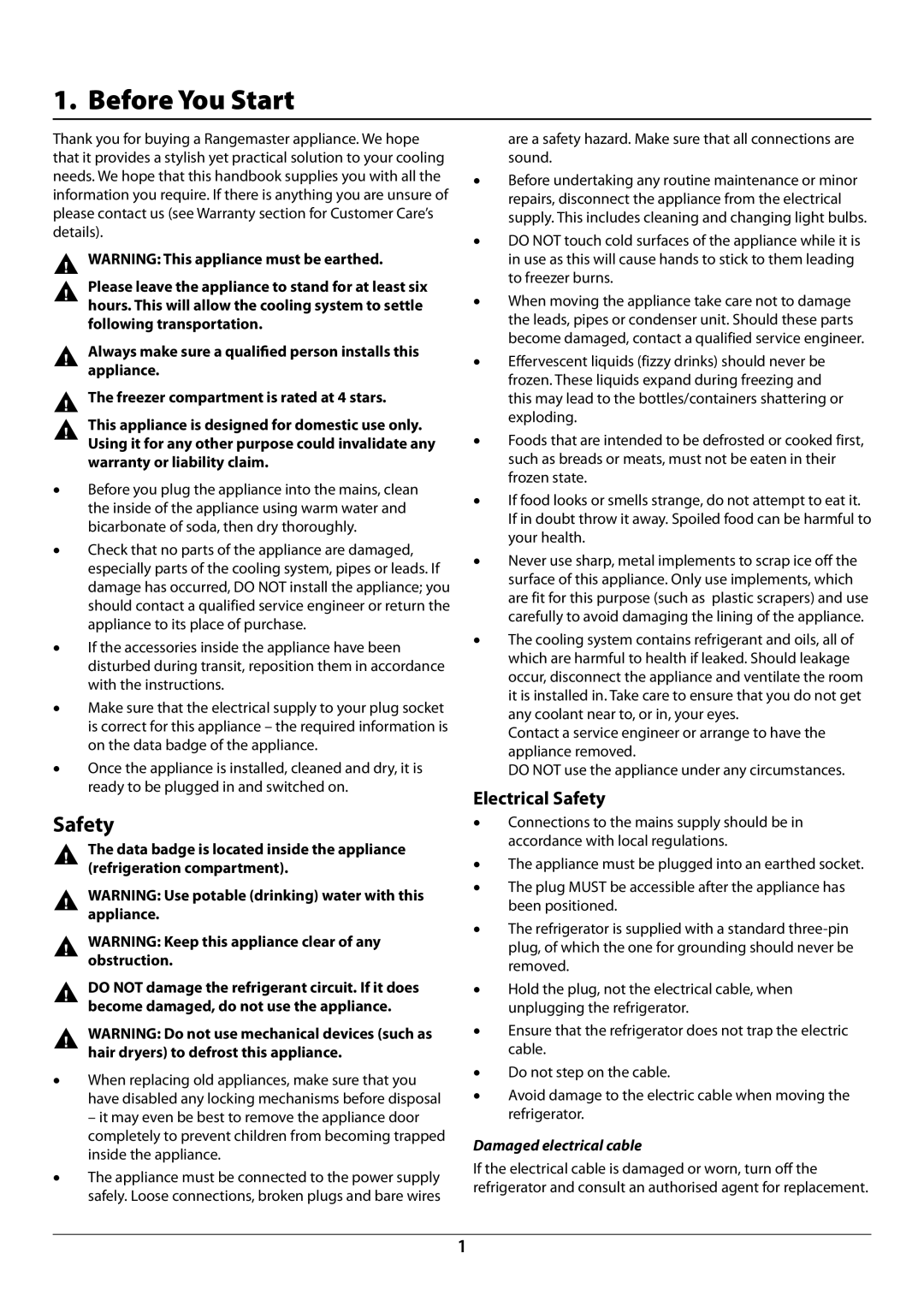 Rangemaster U109923 - 05 manual Before You Start, Electrical Safety, Damaged electrical cable 