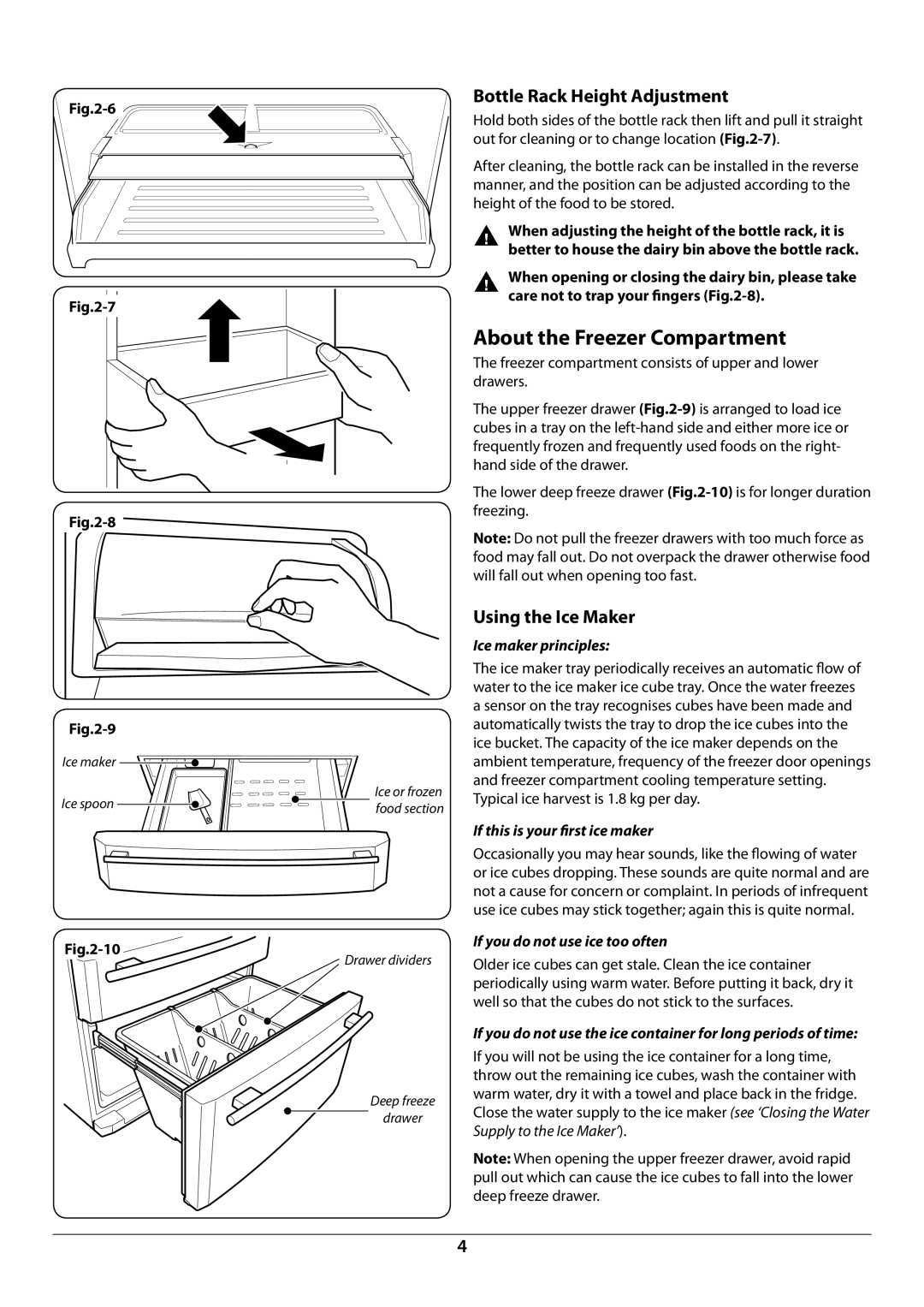 Rangemaster U109923 - 05 manual About the Freezer Compartment, Bottle Rack Height Adjustment, Using the Ice Maker 