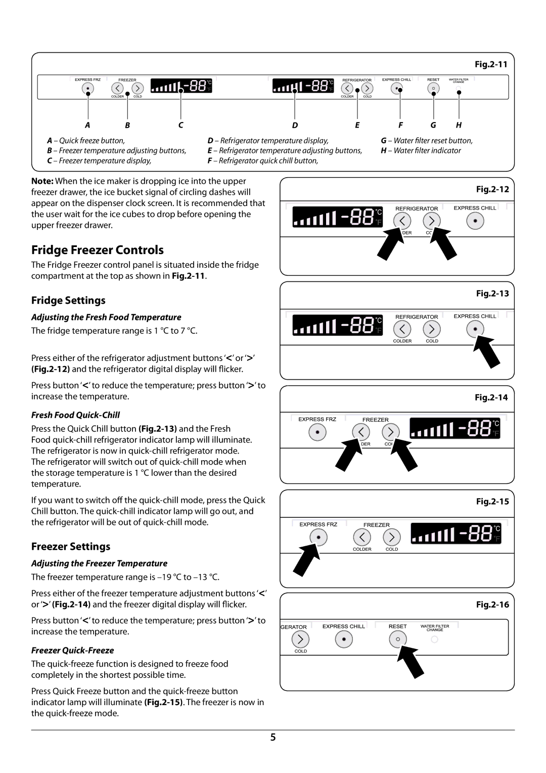 Rangemaster U109923 - 05 manual Fridge Freezer Controls, Fridge Settings, Freezer Settings 