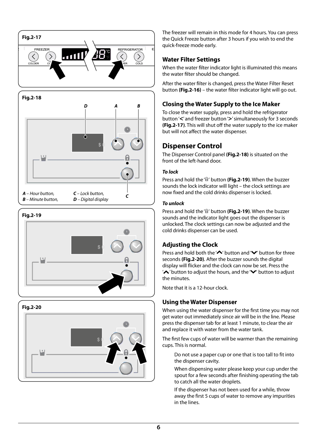 Rangemaster U109923 - 05 manual Dispenser Control, Water Filter Settings, Closing the Water Supply to the Ice Maker 