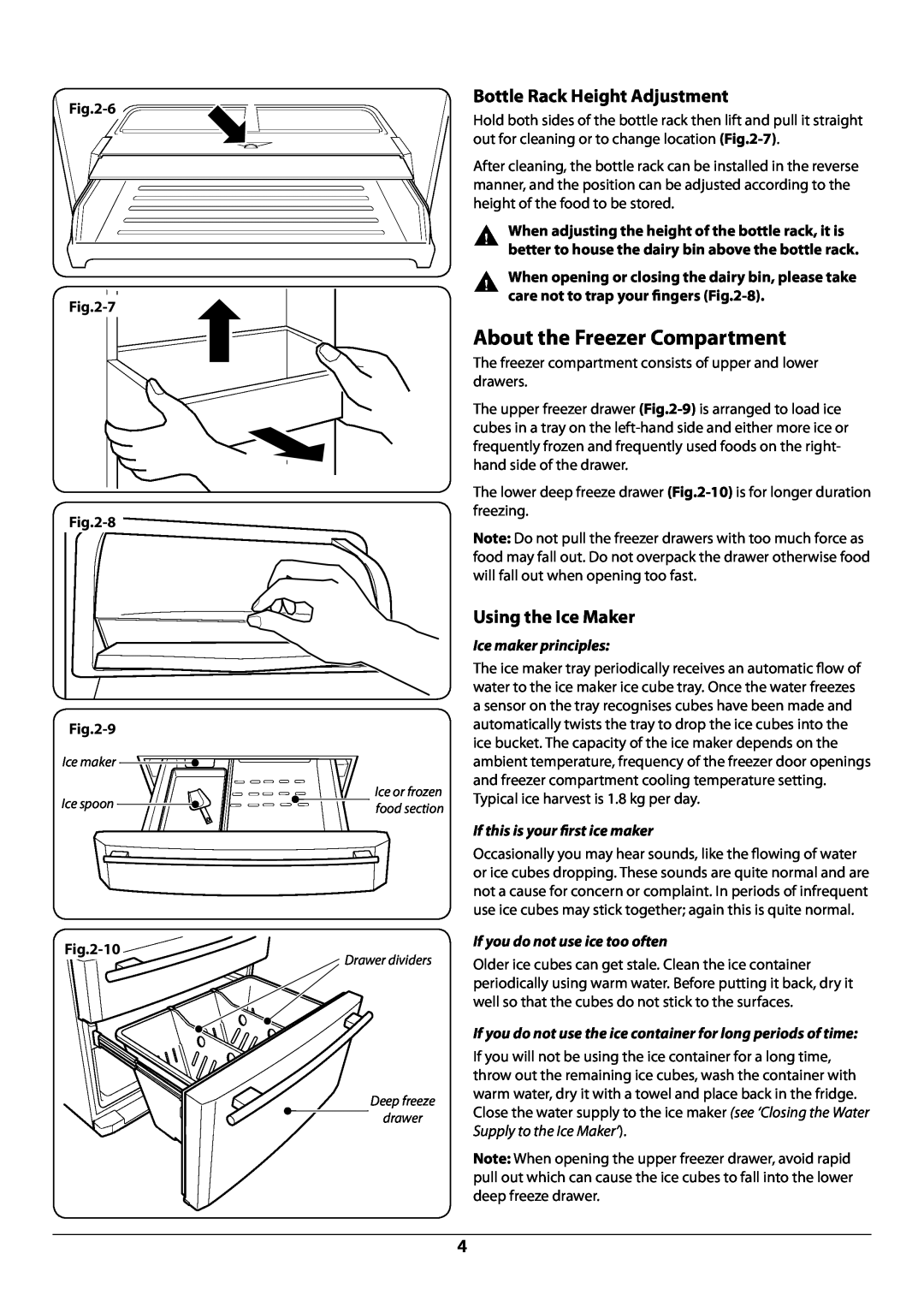 Rangemaster U109923 - 05 manual About the Freezer Compartment, Bottle Rack Height Adjustment, Using the Ice Maker, 6, 7 -8 