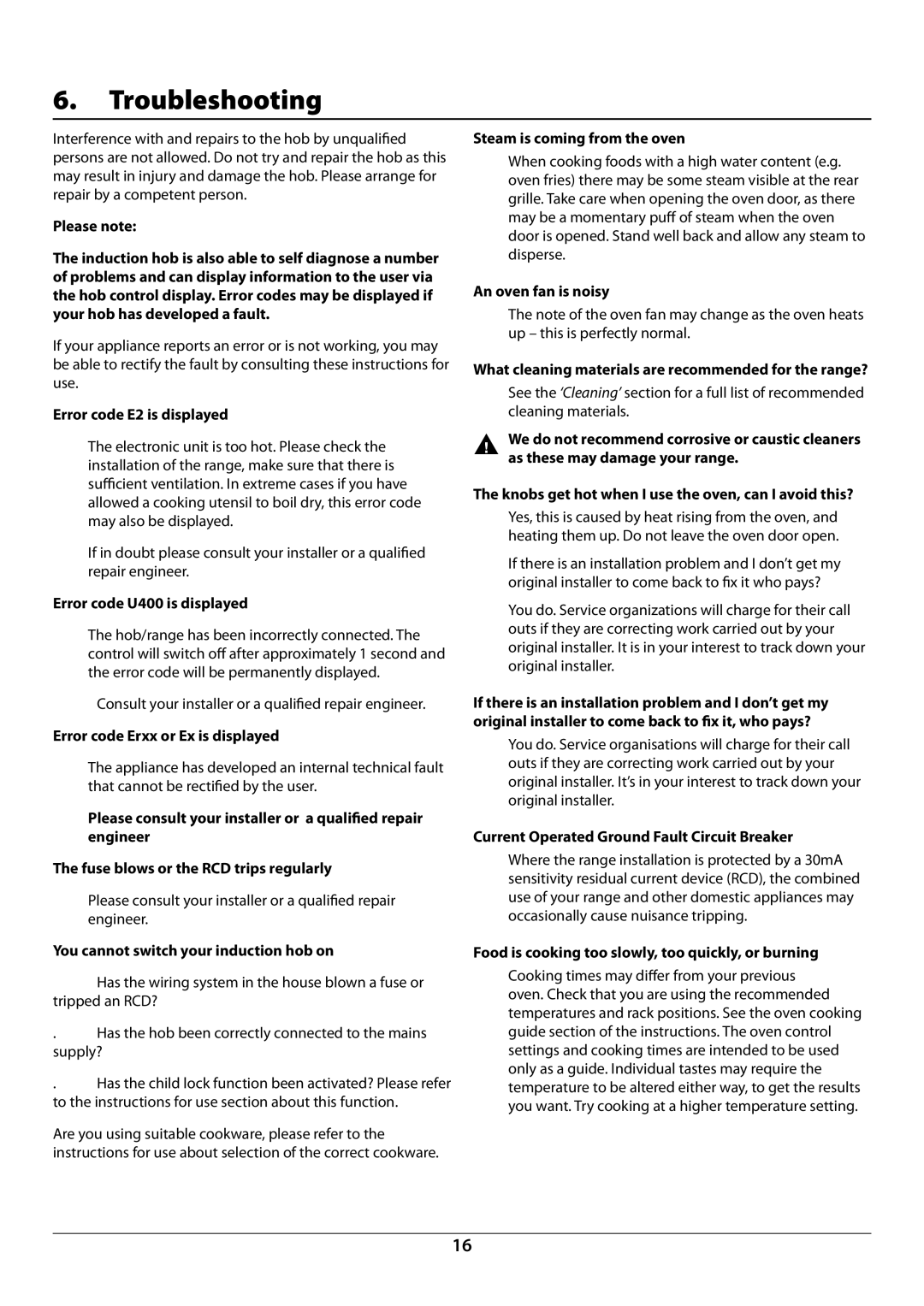 Rangemaster U109941 - 02 manual Troubleshooting 