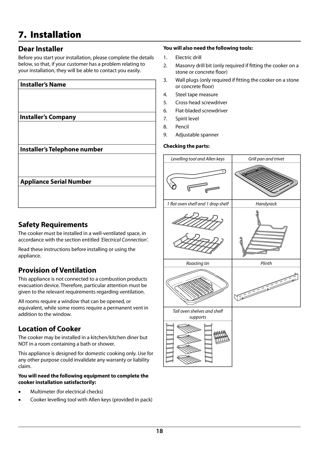 Rangemaster U109941 - 02 Installation, Dear Installer, Safety Requirements, Provision of Ventilation, Location of Cooker 