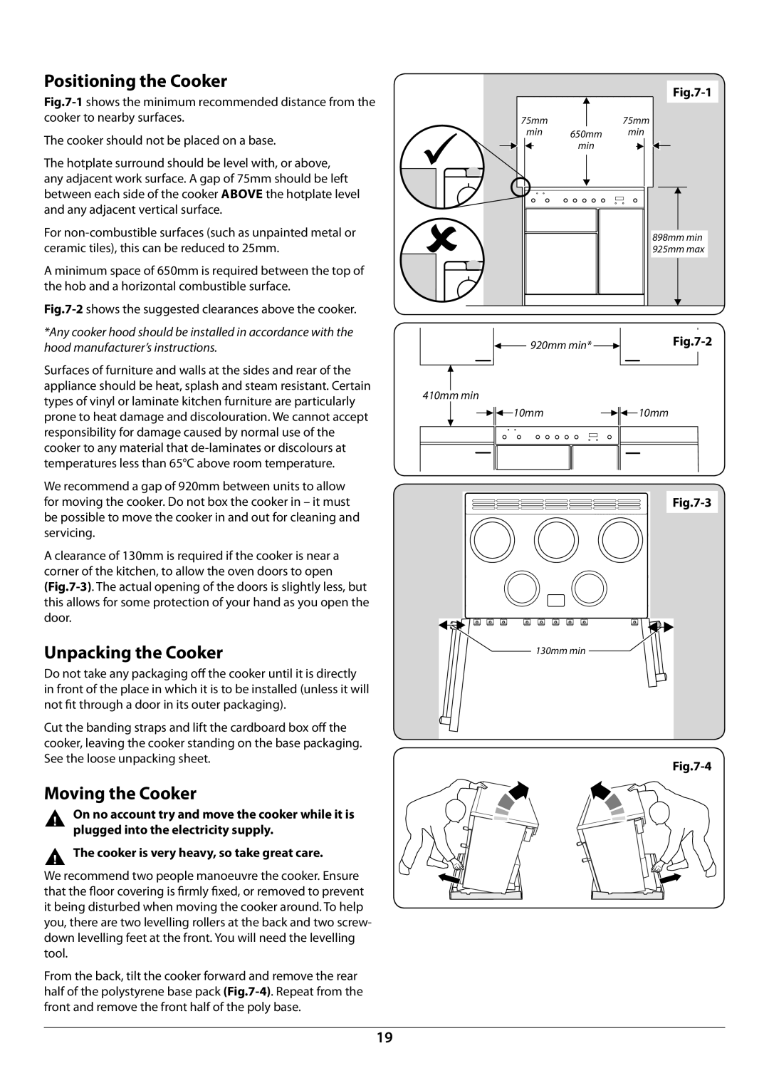 Rangemaster U109941 - 02 manual Positioning the Cooker, Unpacking the Cooker, Moving the Cooker 