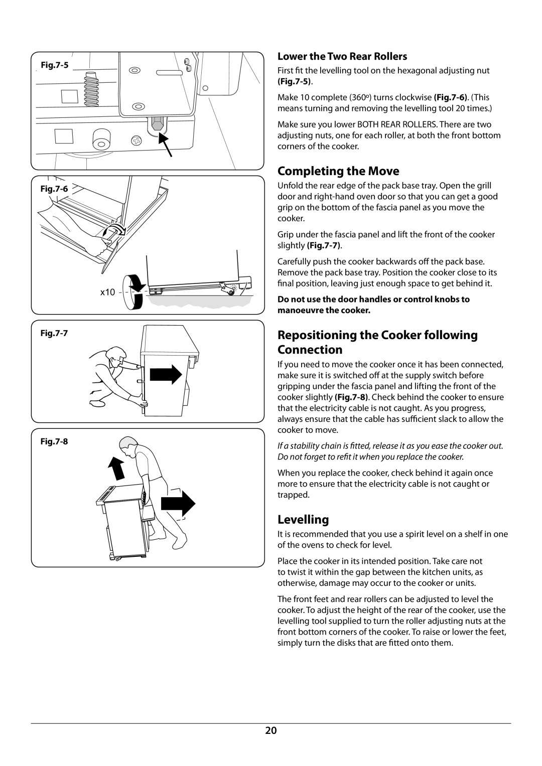 Rangemaster U109941 - 02 manual Completing the Move, Repositioning the Cooker following Connection, Levelling 