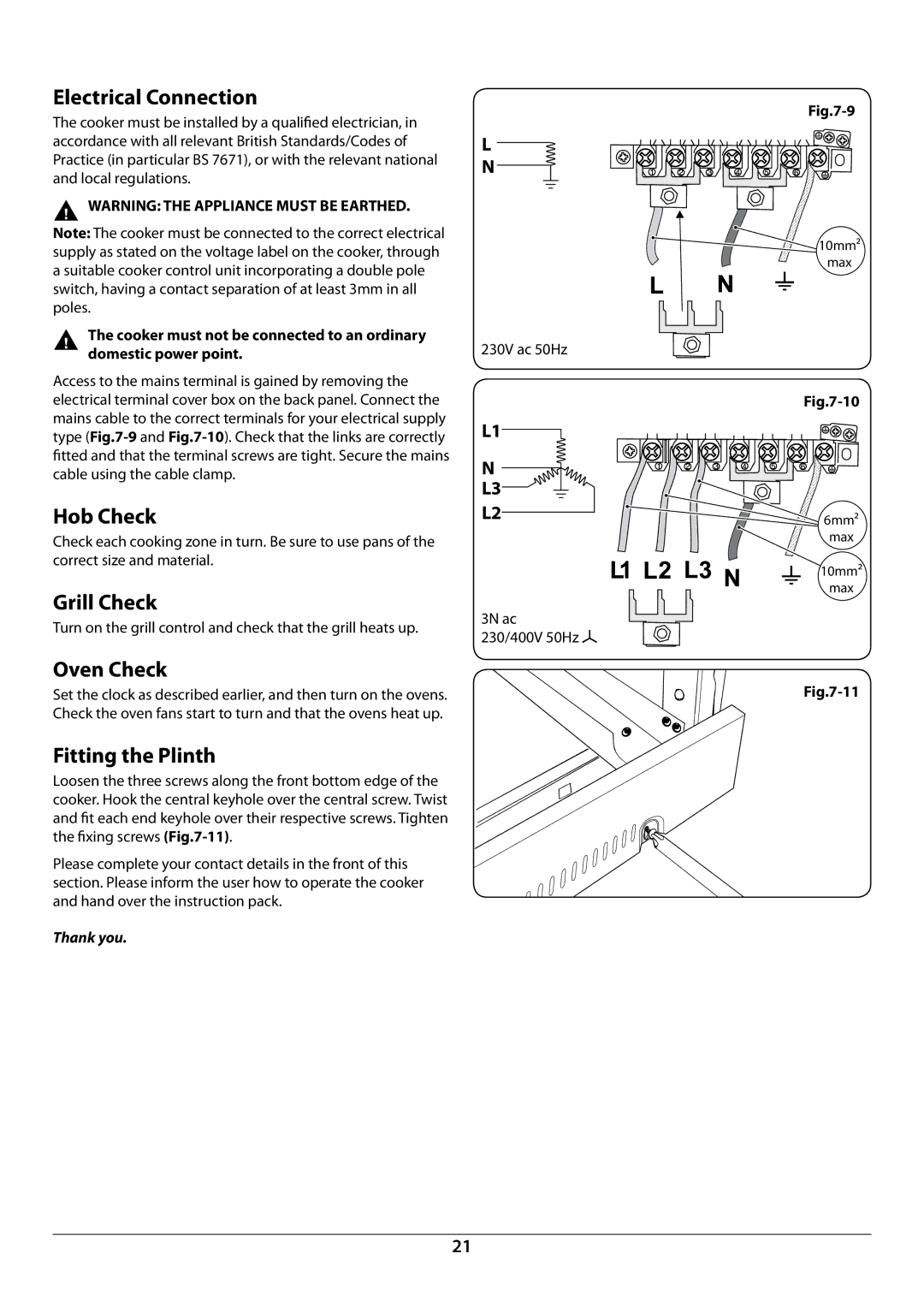 Rangemaster U109941 - 02 manual Electrical Connection, Hob Check, Grill Check, Oven Check, Fitting the Plinth 