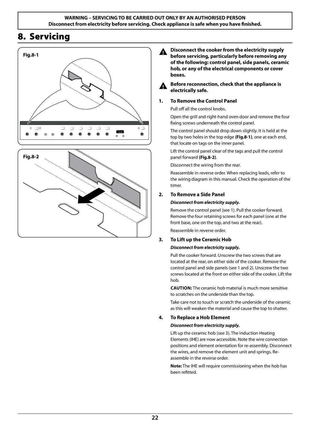 Rangemaster U109941 - 02 manual Servicing, To Remove a Side Panel, To Lift up the Ceramic Hob, To Replace a Hob Element 