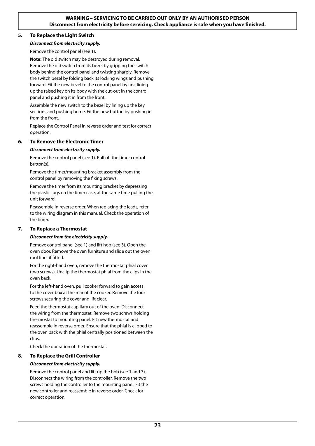 Rangemaster U109941 - 02 manual To Remove the Electronic Timer, To Replace a Thermostat, To Replace the Grill Controller 