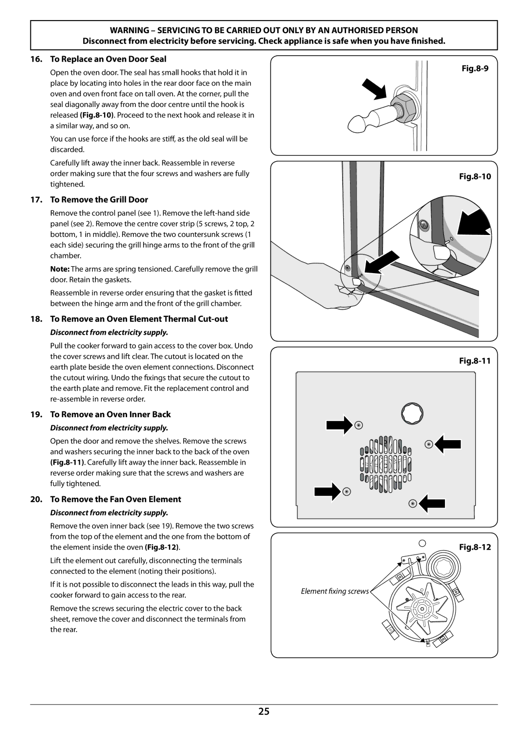 Rangemaster U109941 - 02 To Remove the Grill Door, To Remove an Oven Element Thermal Cut-out, To Remove an Oven Inner Back 