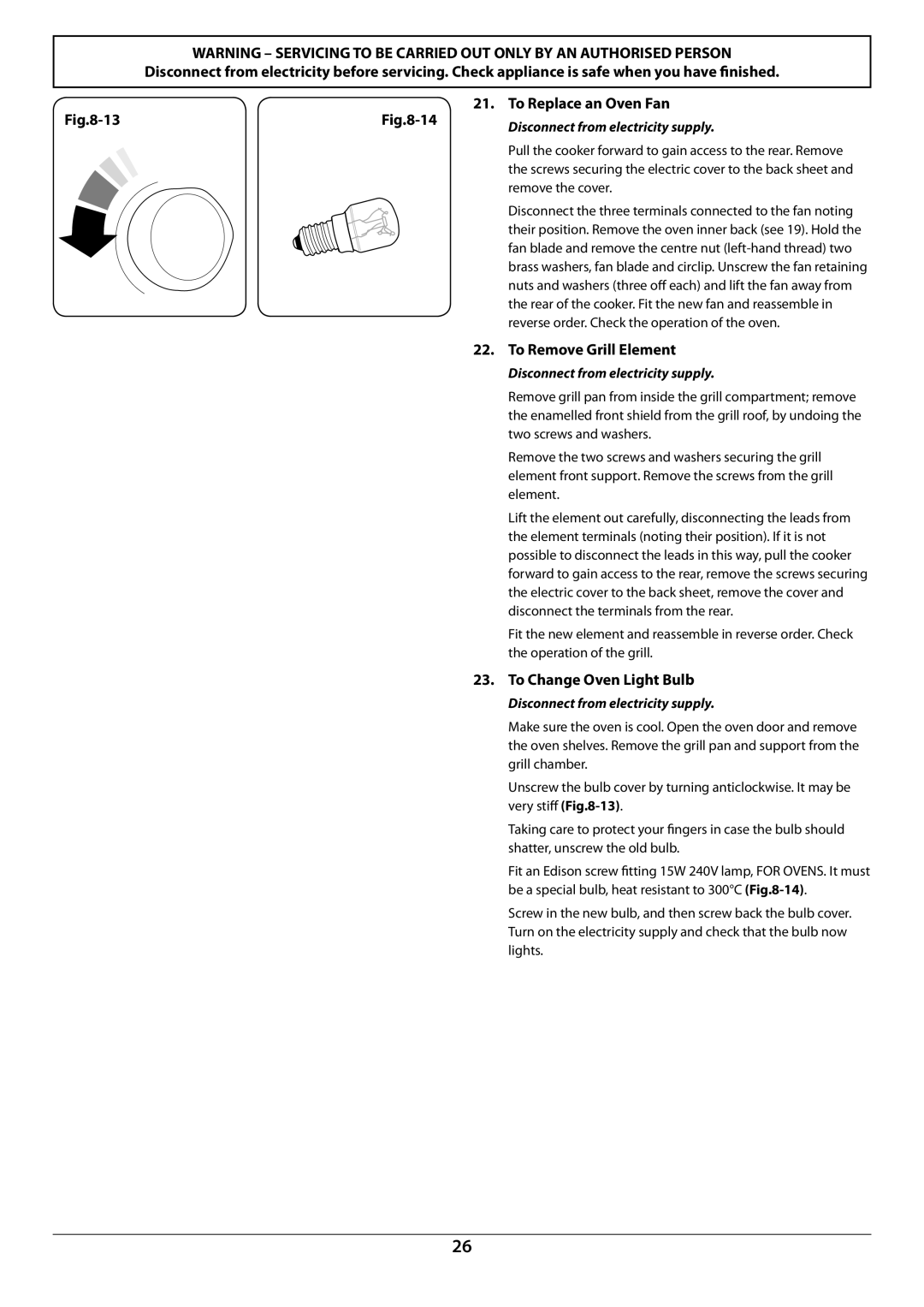 Rangemaster U109941 - 02 manual To Replace an Oven Fan, To Remove Grill Element, To Change Oven Light Bulb 