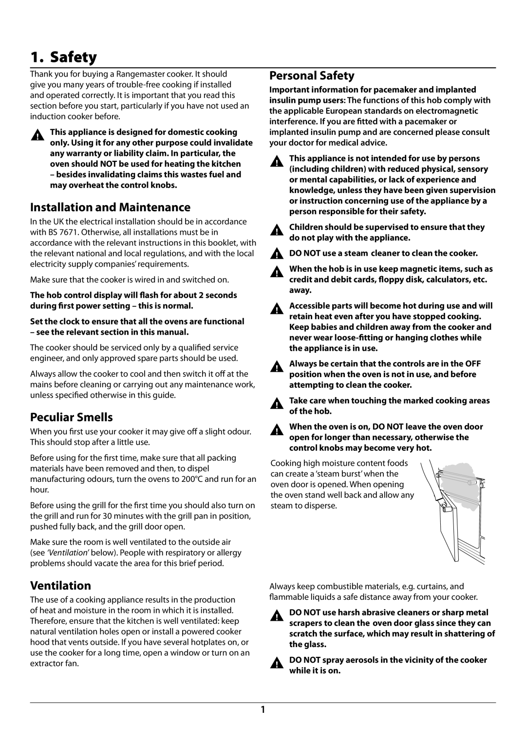 Rangemaster U109941 - 02 manual Installation and Maintenance, Peculiar Smells, Ventilation, Personal Safety 