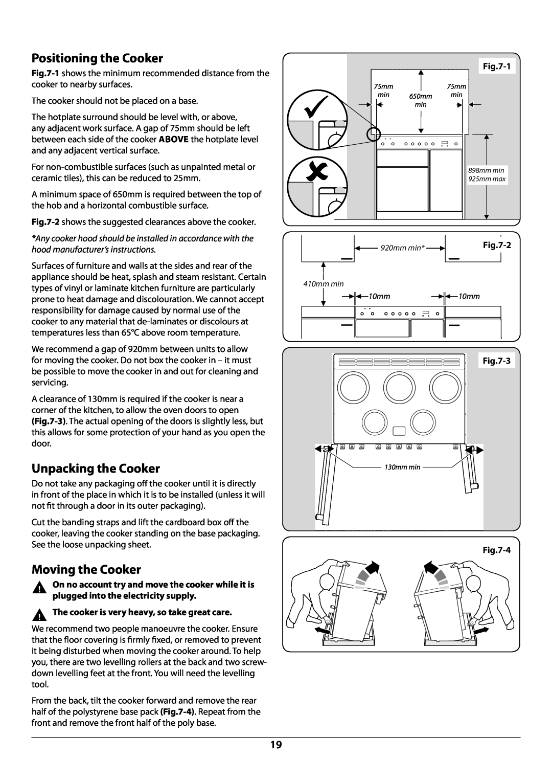 Rangemaster U109941 - 02 manual Positioning the Cooker, Unpacking the Cooker, Moving the Cooker, 3 