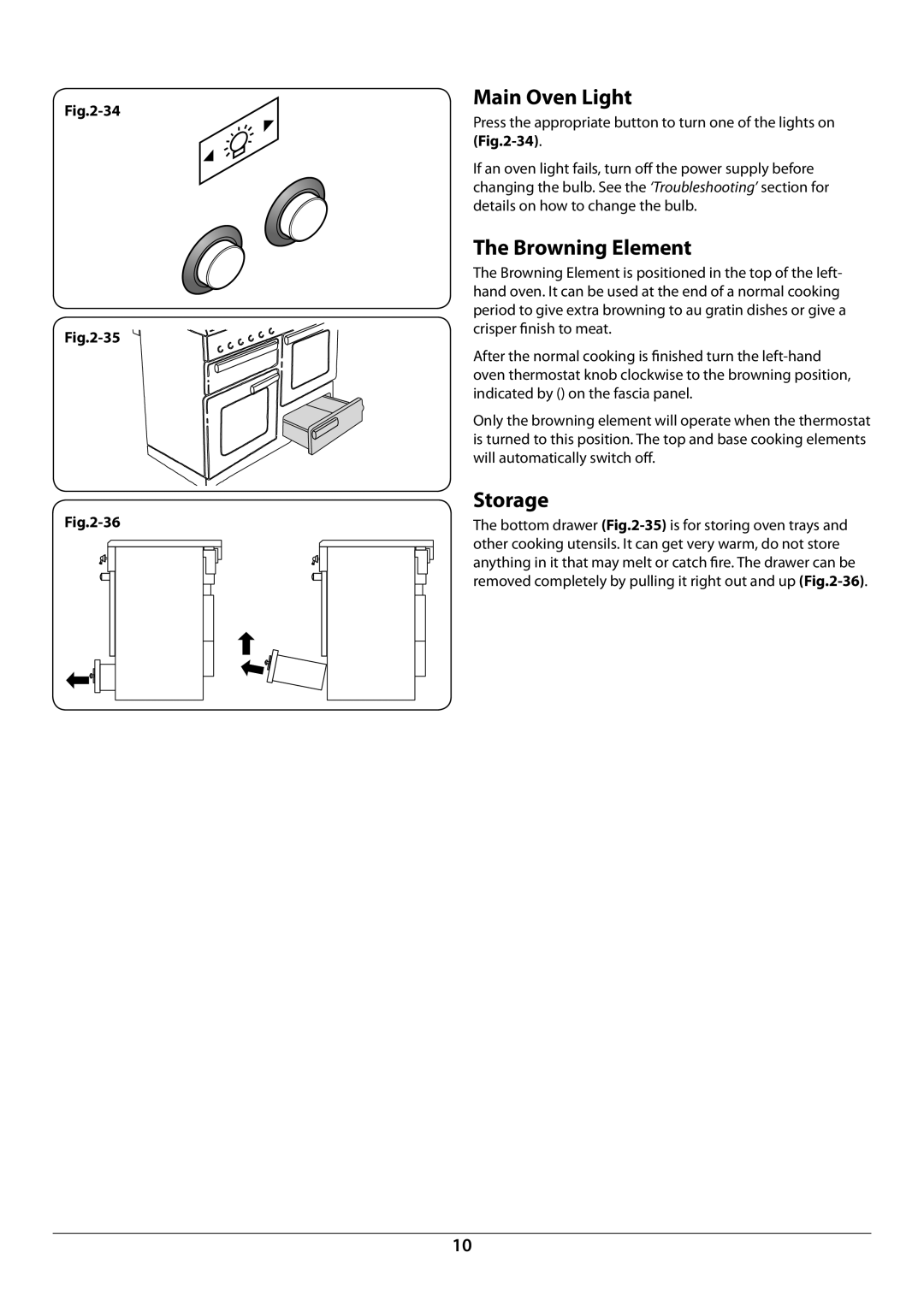 Rangemaster U109948 - 04 manual Main Oven Light, Browning Element, Storage 