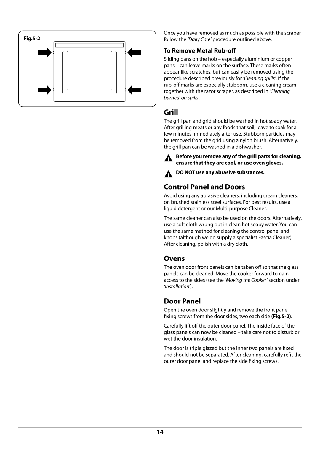 Rangemaster U109948 - 04 Control Panel and Doors, Door Panel, To Remove Metal Rub-oﬀ,  do not use any abrasive substances 