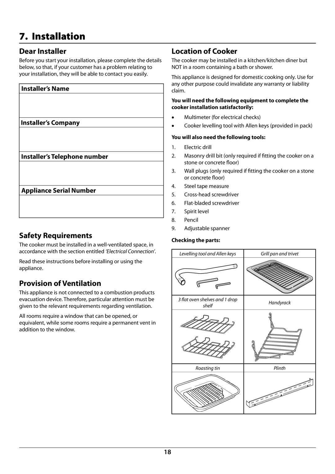 Rangemaster U109948 - 04 Installation, Dear Installer, Safety Requirements, Provision of Ventilation, Location of Cooker 