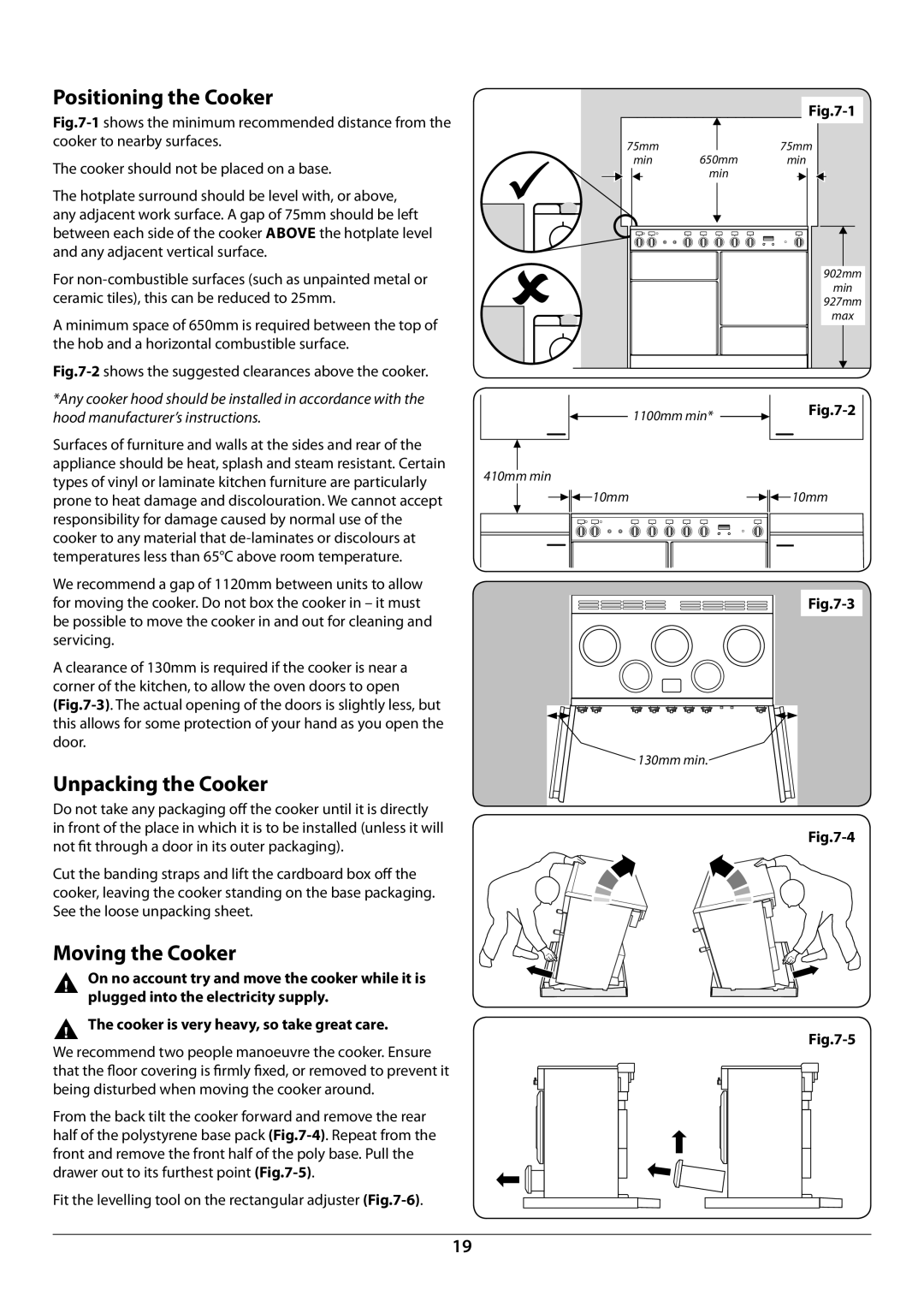 Rangemaster U109948 - 04 manual Positioning the Cooker, Unpacking the Cooker, Moving the Cooker 