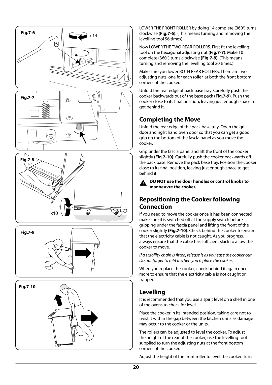 Rangemaster U109948 - 04 manual Completing the Move, Repositioning the Cooker following Connection, Levelling 