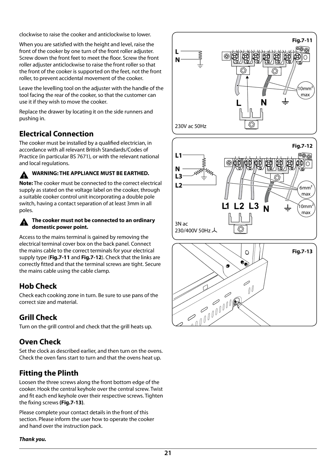 Rangemaster U109948 - 04 manual Electrical Connection, Hob Check, Grill Check, Oven Check, Fitting the Plinth 