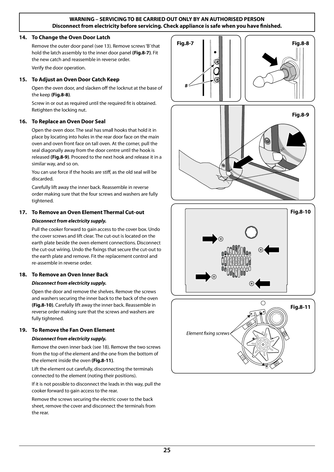 Rangemaster U109948 - 04 To Adjust an Oven Door Catch Keep, To Replace an Oven Door Seal, To Remove an Oven Inner Back 