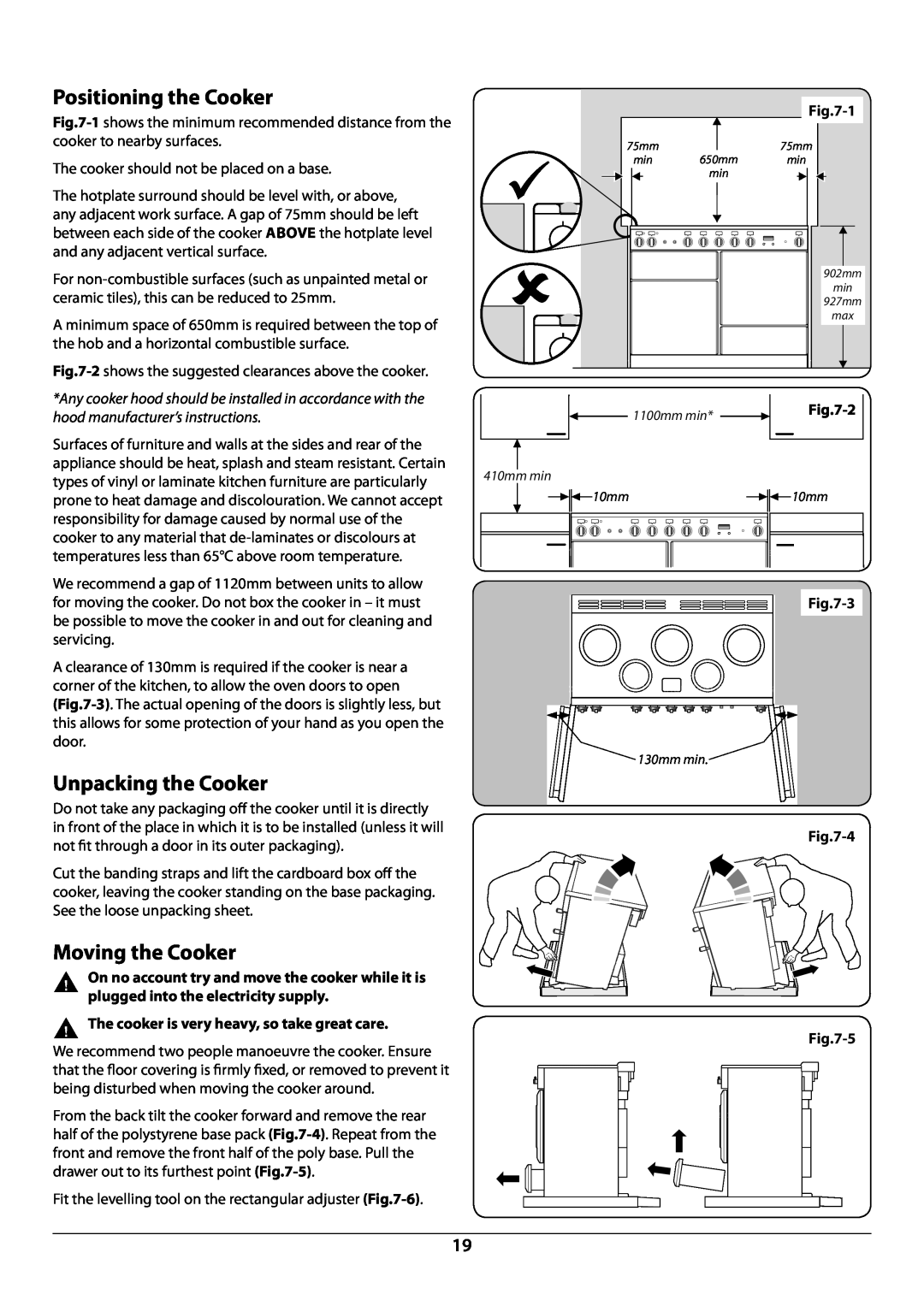 Rangemaster U109948 - 04 manual Positioning the Cooker, Unpacking the Cooker, Moving the Cooker, 3 