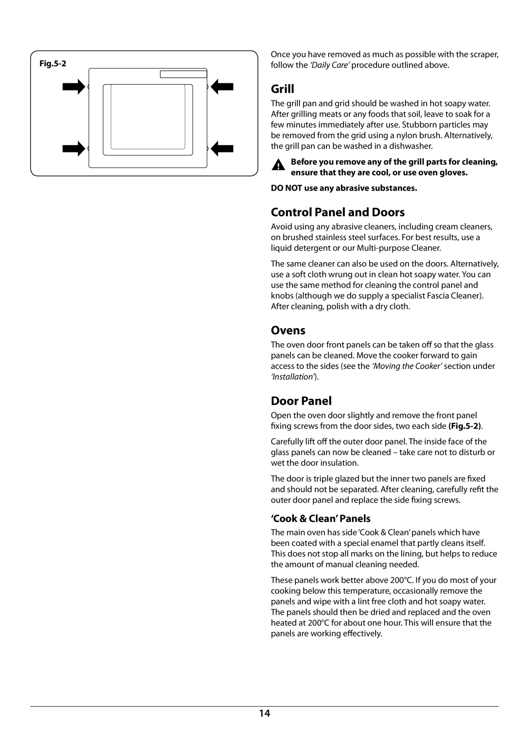 Rangemaster U109952 - 02 Control Panel and Doors, Door Panel, ‘Cook & Clean’ Panels, Do not use any abrasive substances 