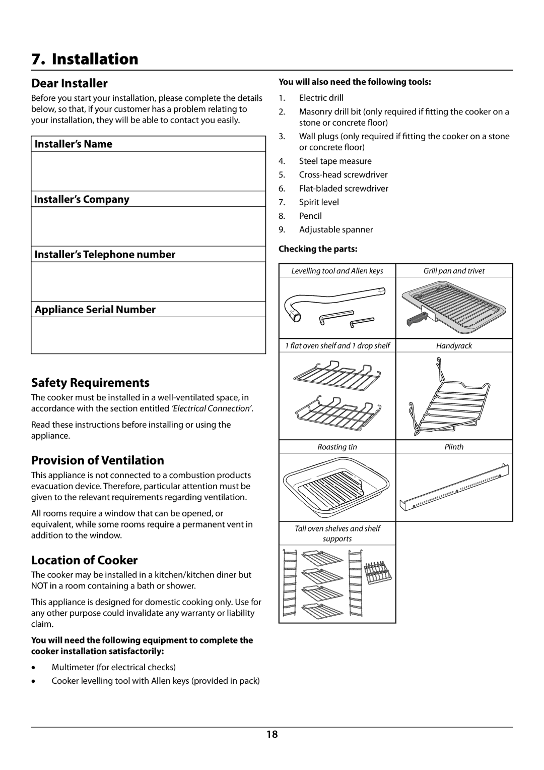 Rangemaster U109952 - 02 Installation, Dear Installer, Safety Requirements, Provision of Ventilation, Location of Cooker 