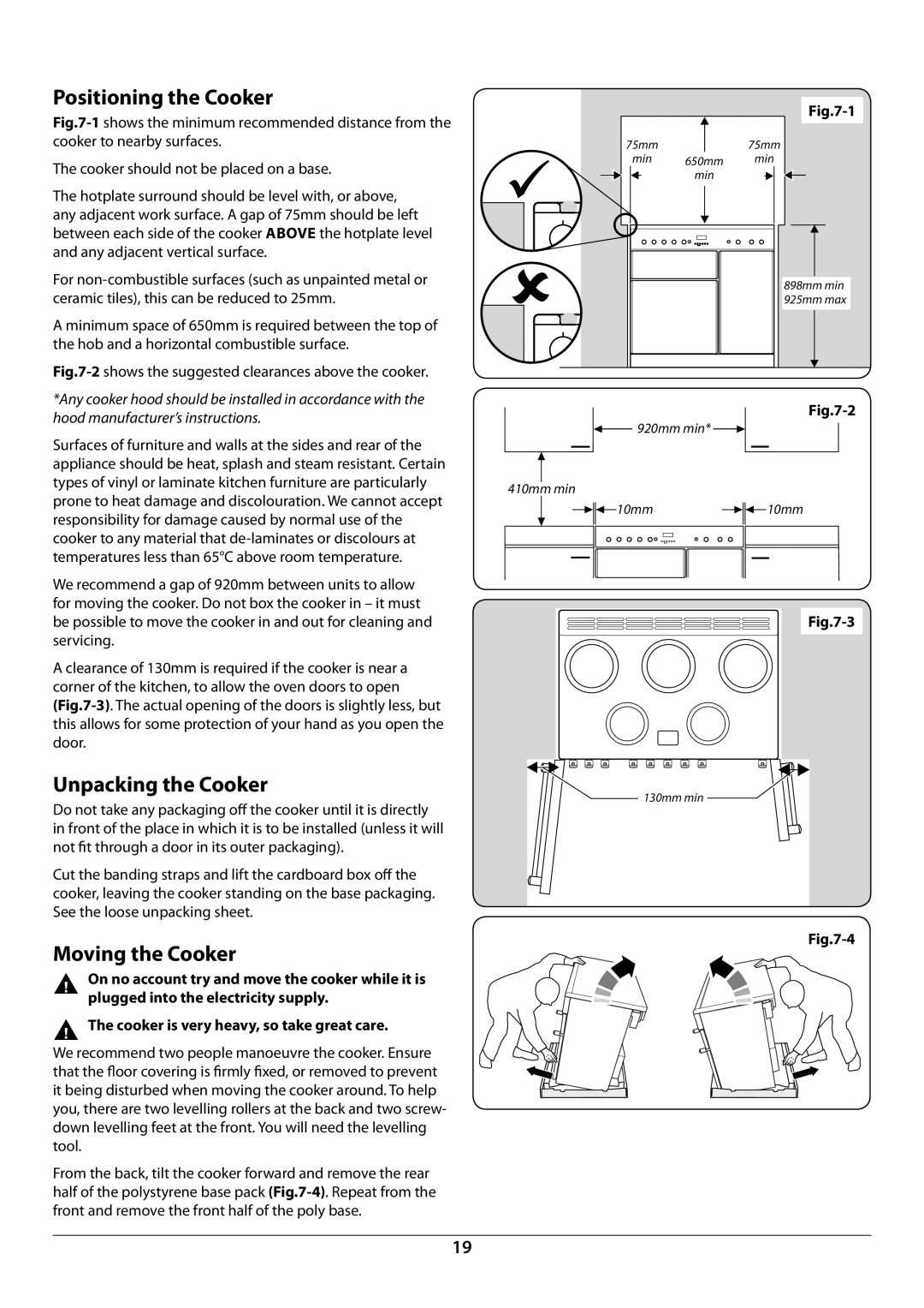 Rangemaster U109952 - 02 manual Positioning the Cooker, Unpacking the Cooker, Moving the Cooker 