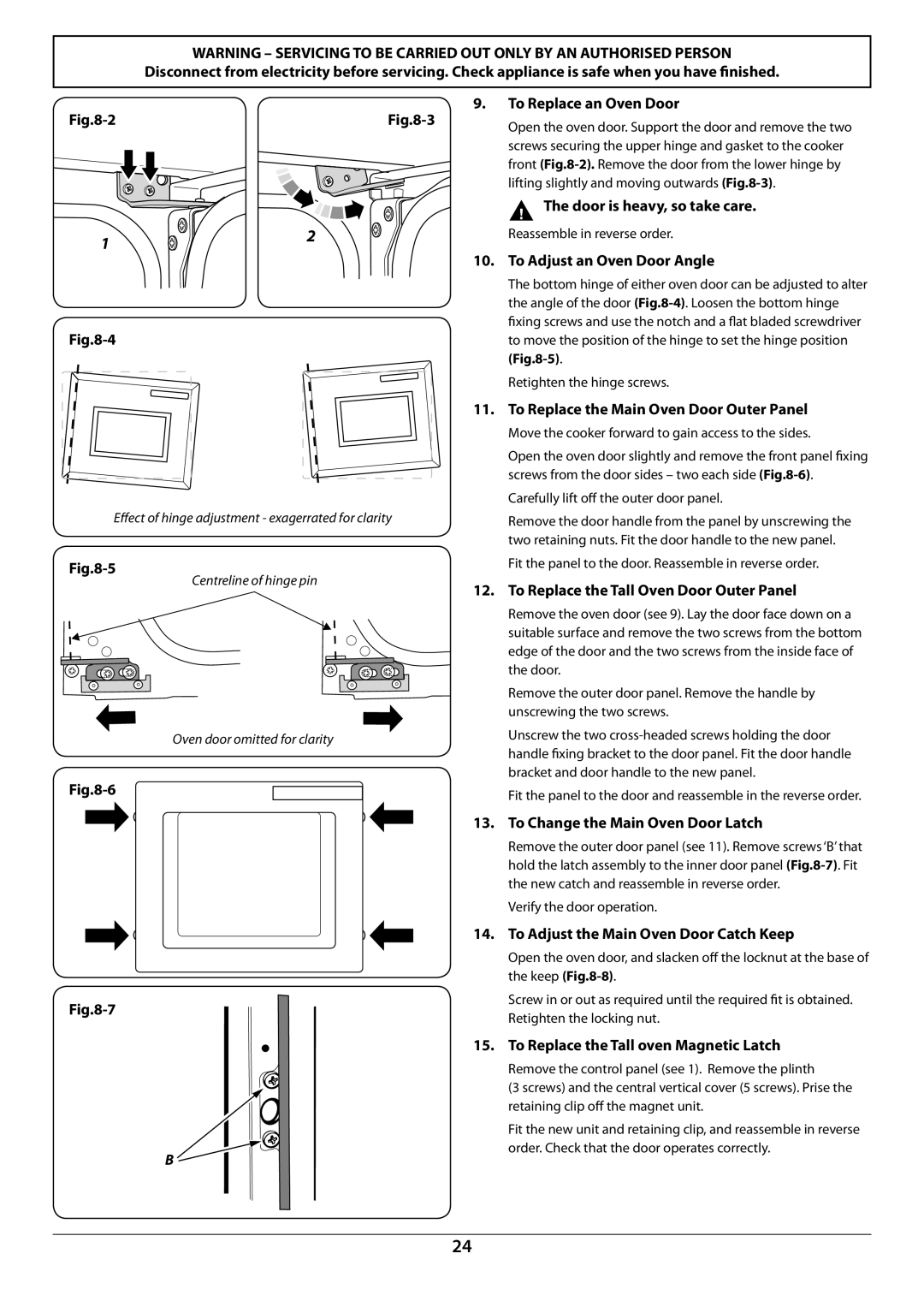 Rangemaster U109952 - 02 manual To Replace an Oven Door,  The door is heavy, so take care, To Adjust an Oven Door Angle 