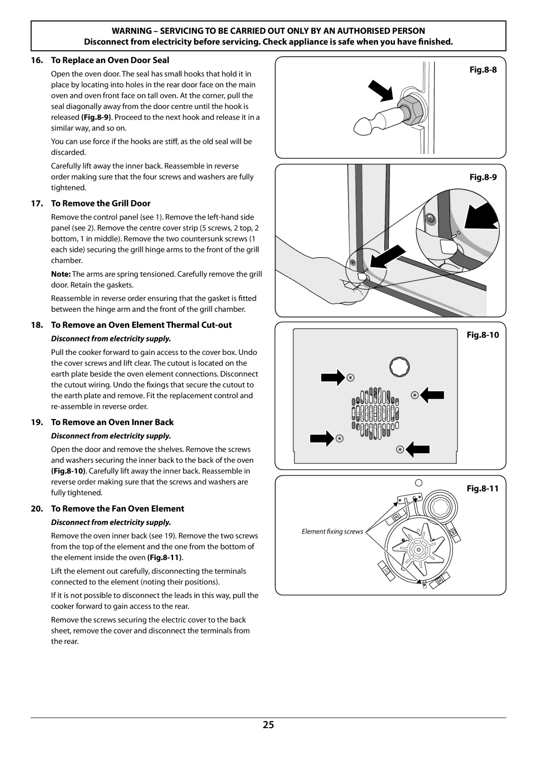 Rangemaster U109952 - 02 manual To Remove the Grill Door, To Remove an Oven Inner Back, To Remove the Fan Oven Element 