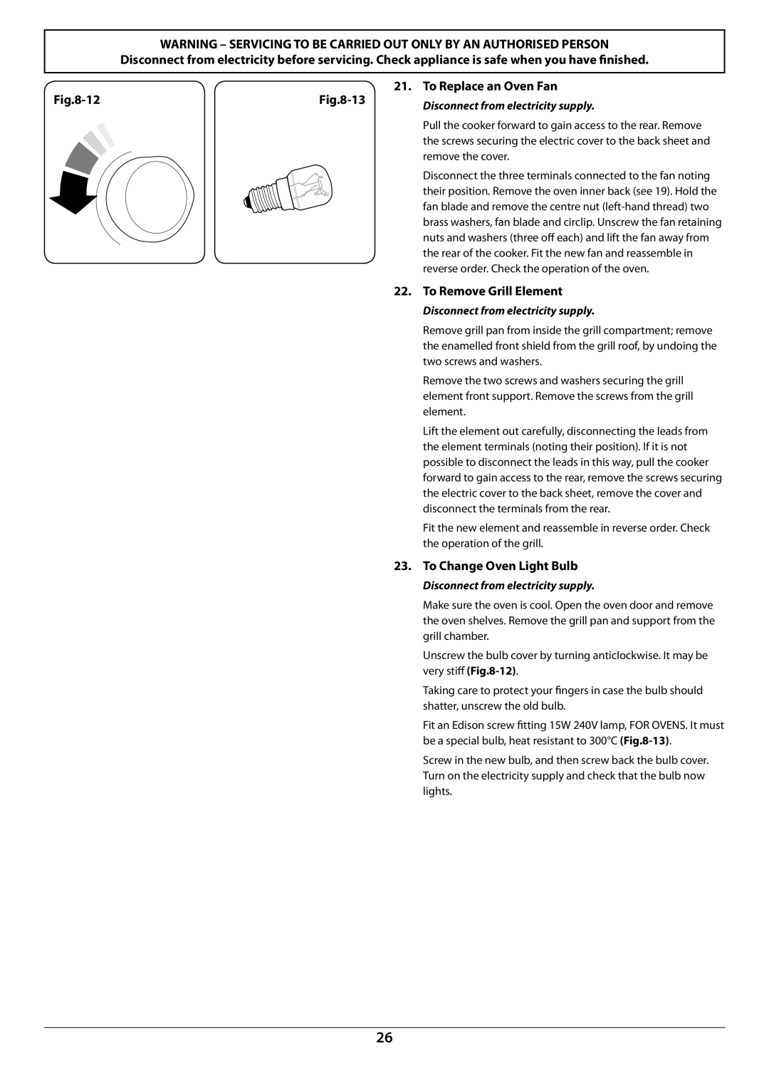 Rangemaster U109952 - 02 manual To Replace an Oven Fan, To Remove Grill Element, To Change Oven Light Bulb 