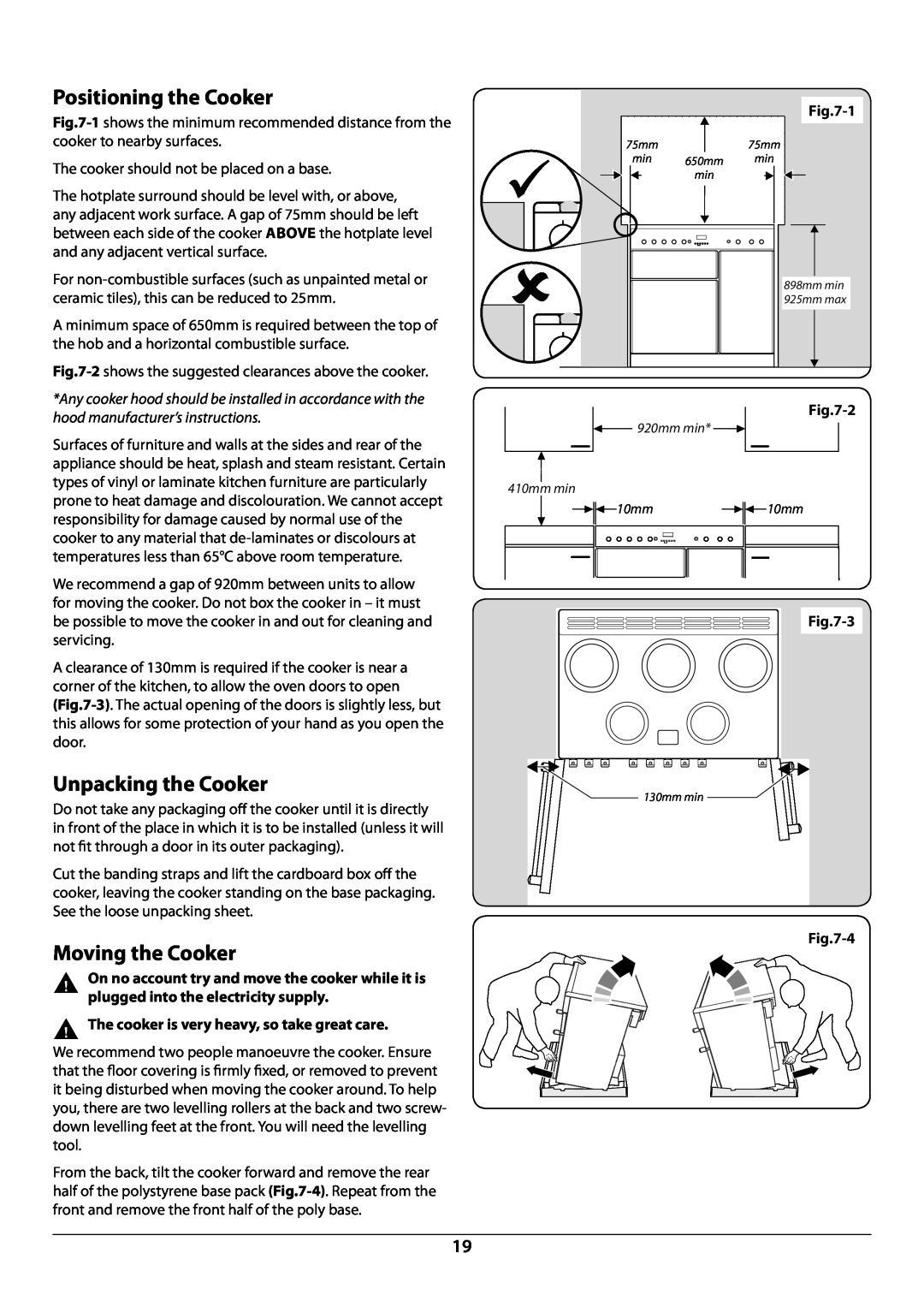 Rangemaster U109952 - 02 manual Positioning the Cooker, Unpacking the Cooker, Moving the Cooker 