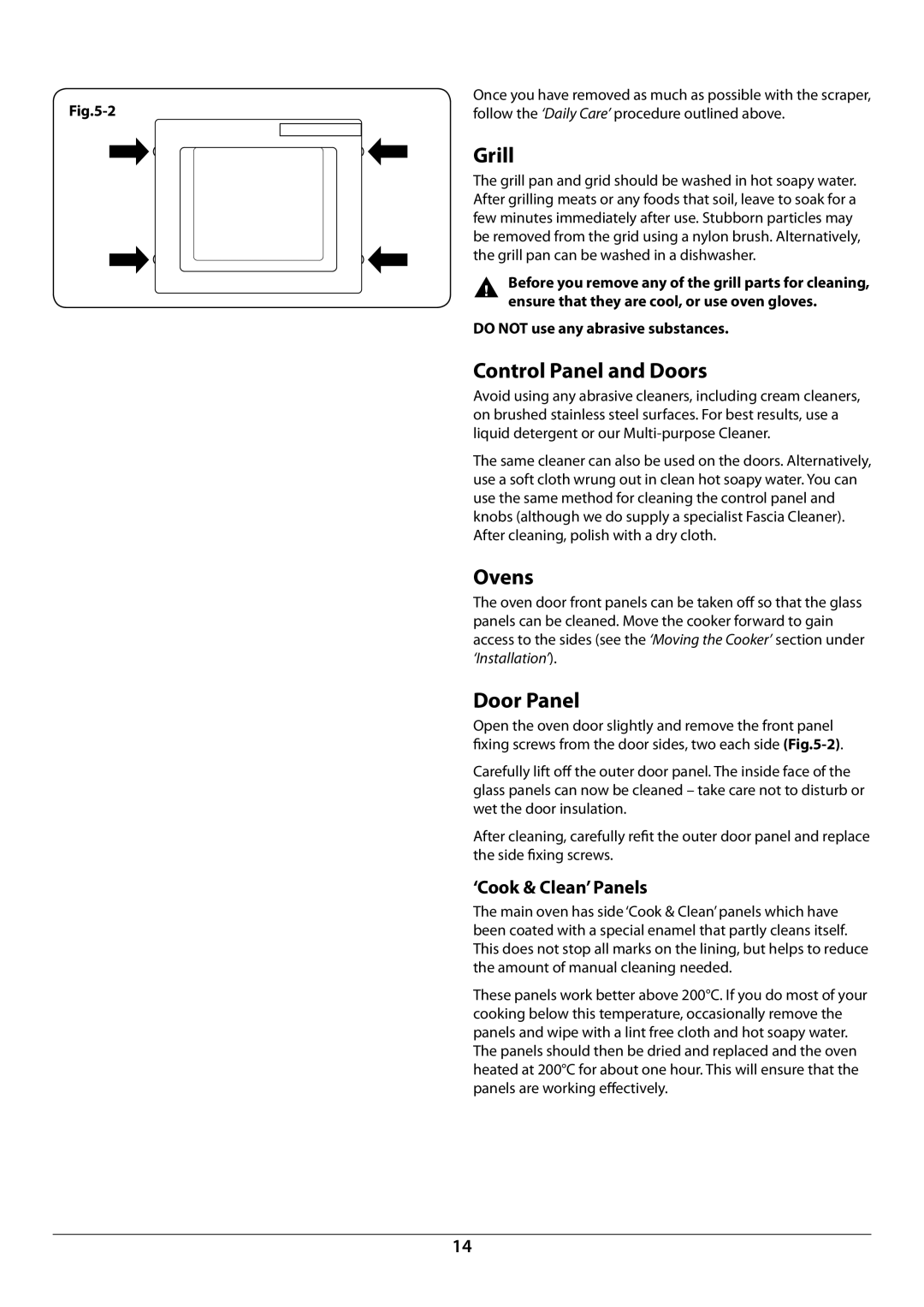 Rangemaster U109976 - 02 Control Panel and Doors, Door Panel, ‘Cook & Clean’ Panels, Do not use any abrasive substances 