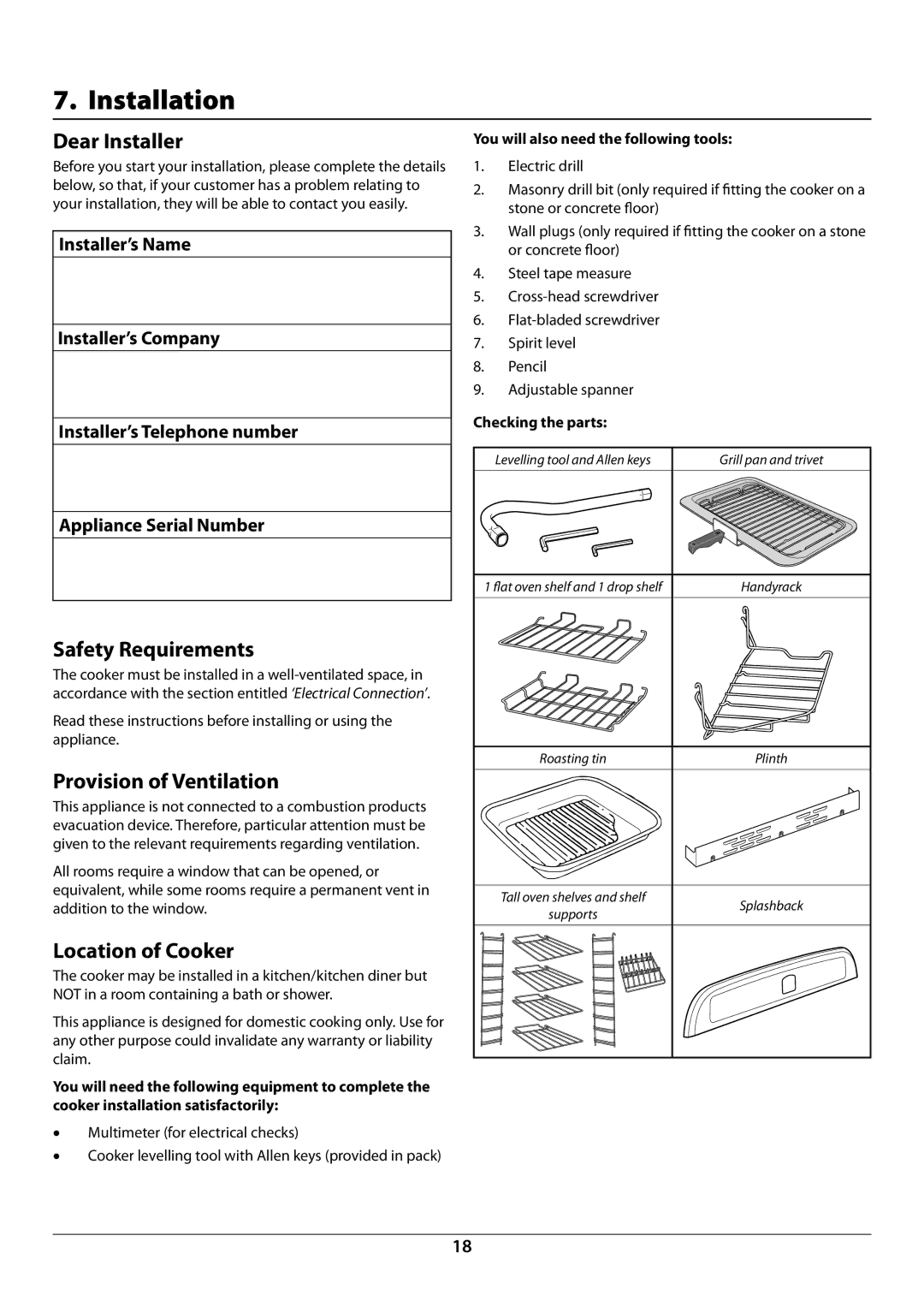 Rangemaster U109976 - 02 Installation, Dear Installer, Safety Requirements, Provision of Ventilation, Location of Cooker 