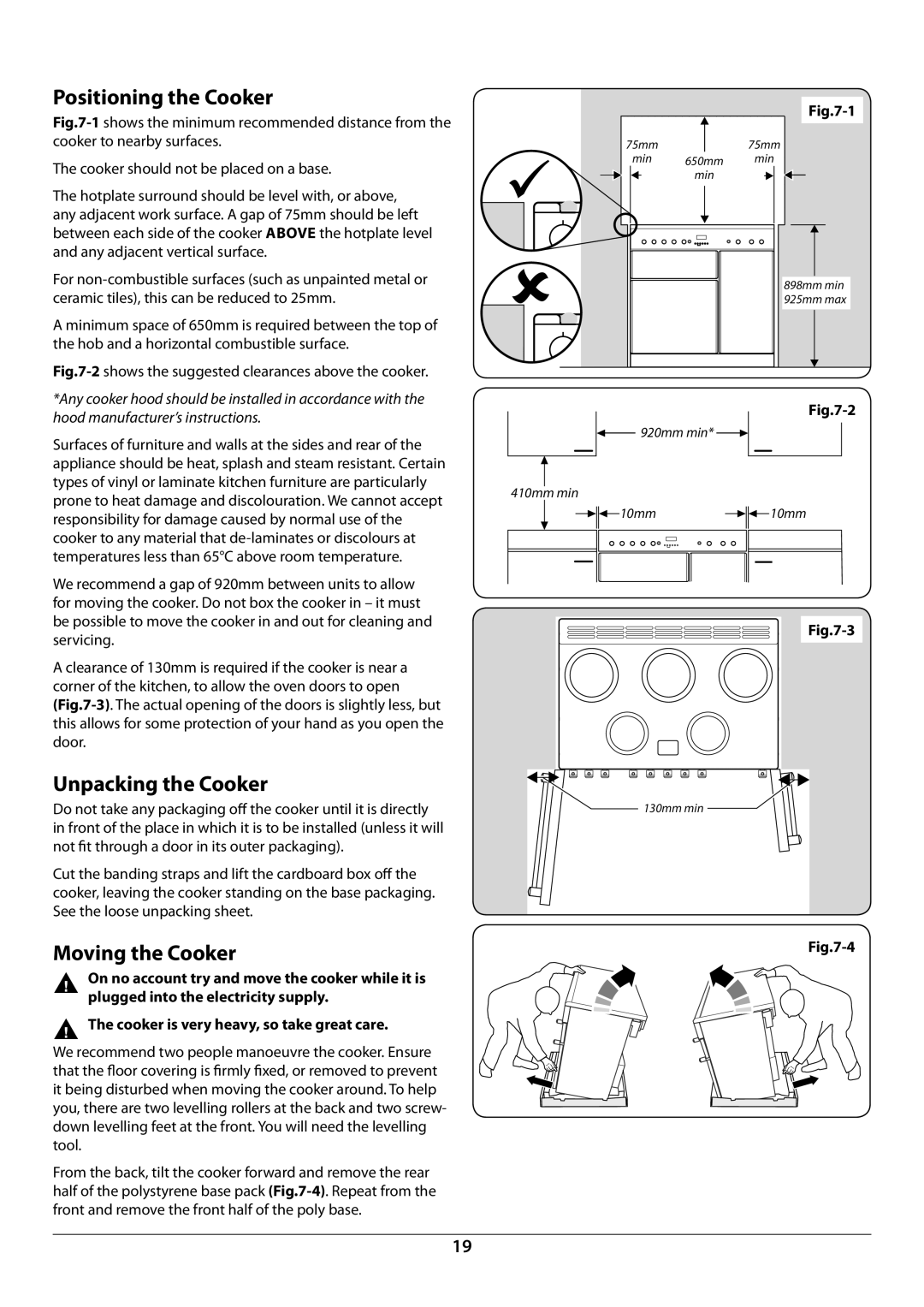 Rangemaster U109976 - 02 manual Positioning the Cooker, Unpacking the Cooker, Moving the Cooker 