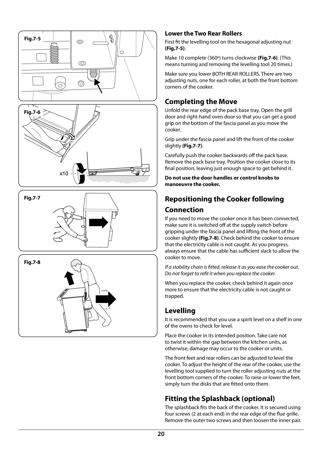 Rangemaster U109976 - 02 manual Completing the Move, Repositioning the Cooker following Connection, Levelling 