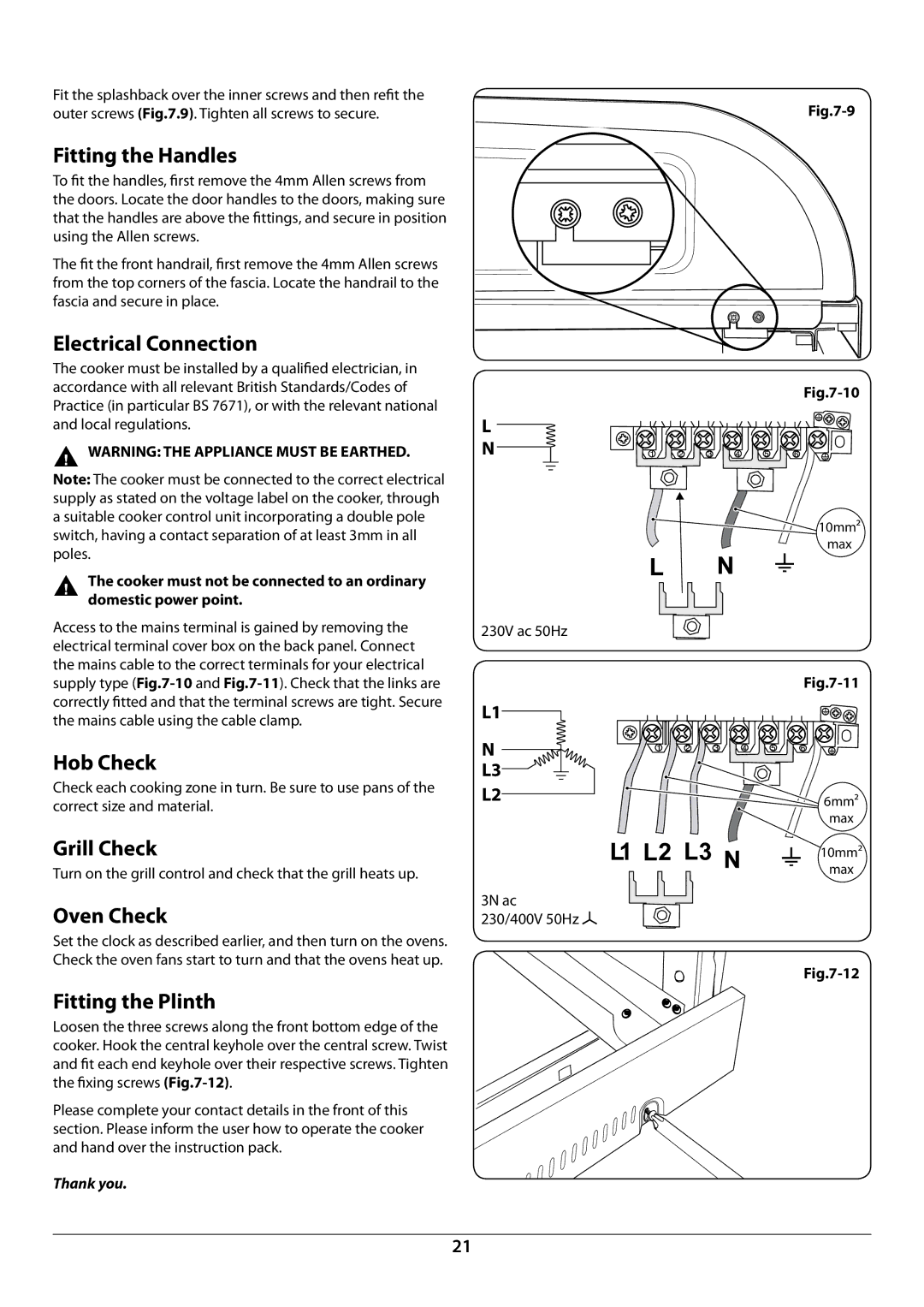 Rangemaster U109976 - 02 manual Fitting the Handles, Electrical Connection, Hob Check, Grill Check, Oven Check 